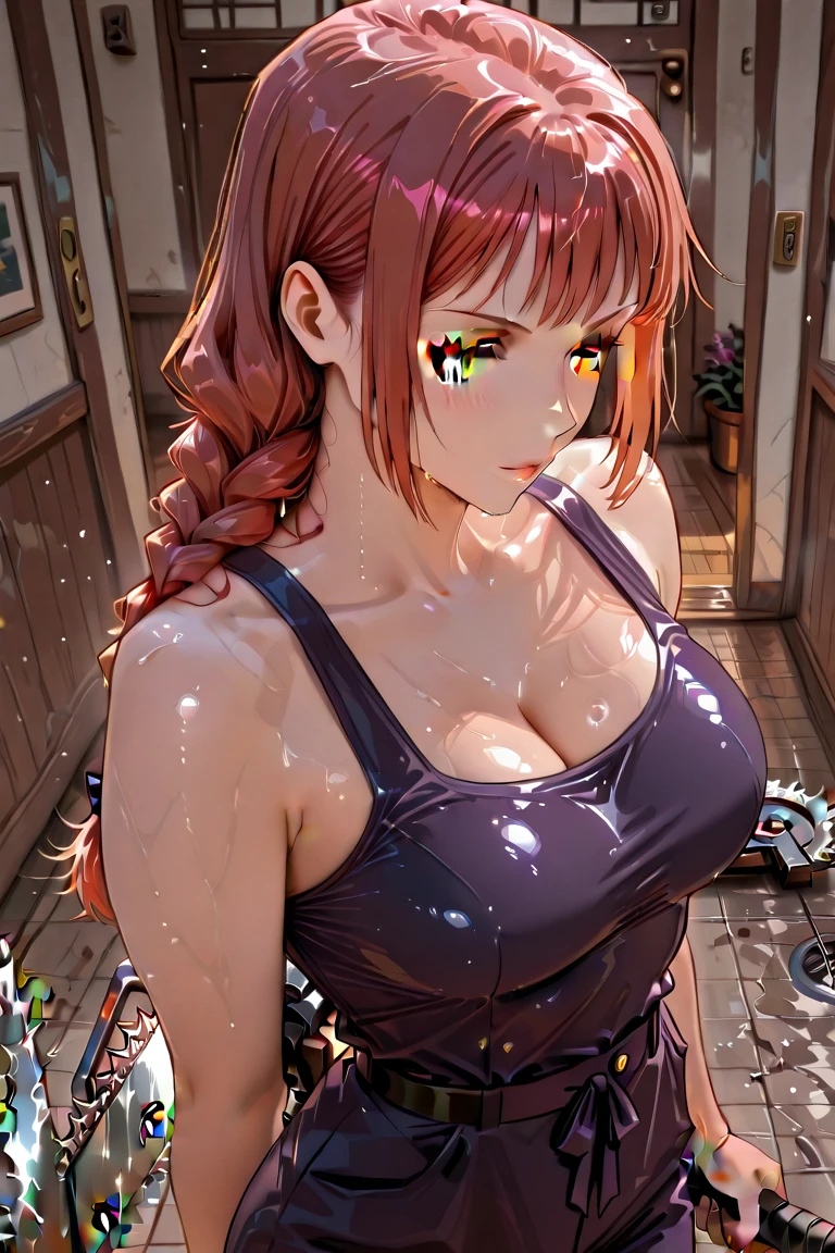 nami one piece, sozinha, corpo inteiro, (melhor qualidade), (Very detailed), profundidade de campo, esquete, sombras escuras, foco nítido, a dark illumination, HDR, good composition, Cabelo laranja, Ambiente futurista e escuro, screencap anime, tattoo on upper arm, olhos castanhos claro, android, Cyberpunk, Technological implants, Technological prostheses , mechanical arm