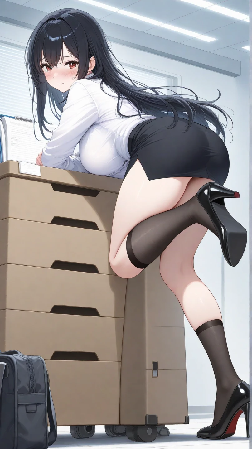 (masterpiece:1.37), best quality, (extremely detailed:1.37), (1girl:1.5), woman, (mature:1.5), (adult:1.5), large breasts, very long hair, (straight hair:1.5), (very dark purple hair:1.5), purple eyes, (extremely detailed eyes:1.37), business suit, necktie, very long pencil skirt, pantyhose, desperation, (wetting self:2.0), standing, embarrassed, humiliation, blushing, angry, office, indoors, window, cityscape, full body