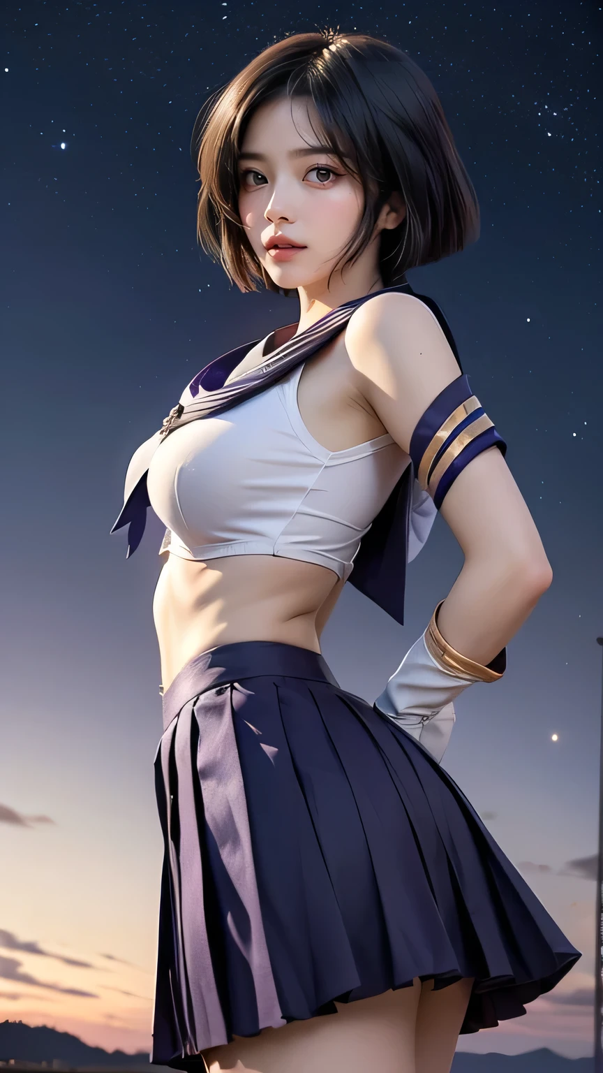 (((best quality))), ((masterpiece)), ( details), ((alone)), (((starry sky,shallow lake))),(((((( A girl in a Sailor Saturn costume )))))),  (((Slender Body,:1.4,big breasts,Tight Thighs))), (( camel toe ,Camel hoof)),((  Glowing Skin , white skin)),Mysterious Light, ((((  angle that captures the entire face and body )))), ((( well-groomed face ))), ((big eyes)), ((((((dull eyes)))))), ((((close your eyes)))), (((((( View from the back of the ,angle from the front:1.8,viewers , from below)))))), ((((Accurate Anatomy)))),    perfect makeup , eyeshadow,  with earring cup , necklace , ((( Dynamic Sexy Poses:1.6 ))),(((HotaruTomoe, (sailor Saturn , purple hair, short hair, elbow gloves, neck ribbon, bangs, long hair, circlet,purple pleated skirt)))),I'll brush up my hair,legs are open, standing,leg up,