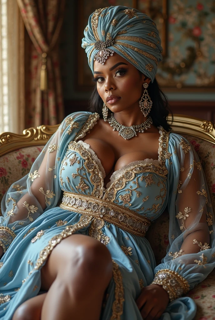 (Beauty shot:1.3) photo of a beautiful 60 jears old black woman, with a blue head scarf, wearing kente dress, Female,black female, Solo, Huge Breasts, Glamour, Realistic Skin, Realistic Face, Wild, Bossy, Cradle, Crouching, Spread Legs, (Sexy Lingerie ), black lingerie, (see-through lingerie), lace lingerie, (breasts and vaginal lips are visible through underwear: 1.5), and areolas are clearly visible: 1.3), short caramel-colored hair , excited, provocative, ecstasy(beautiful detailed eyes), (best quality), (super detailed), (masterpiece), (wallpaper), (detailed face), solo, (dynamic pose), 1 , 60 jears old black woman,black wavy hair on the chair, , heterochromic eyes, small moles under the eyes, ((short apron)), medium breasts, long legs, tightens abs, (camel toes), (), (no bra),(ultra full hd), (extremely highly detaild), (award winning masterpiece).64k)), by ray dozy
