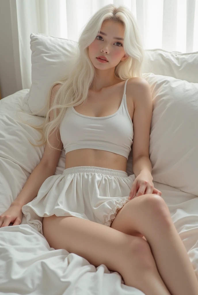 (whole body :1.4)、(RAW Shooting:1.2)、(Photorealistic:1.4)、(masterpiece:1.3)、(Top quality:1.4)、Bright expression、Very beautiful girl、Extraordinary beautiful girl、Delicate, lovely and beautiful face、Beautiful bangs、Fair and shiny skin、Facial hair、Bangs that extend to the face、There are bangs between the eyes、Extra long blonde hair、Attractive light and dark platinum blonde extra long straight silky henna hair、Charming, shining, beautiful, bright, clear, light blue big eyes、Double eyelids、Full bust, ((White Camisole) and pink cotton yoga shorts)(Cozy night bedroom) , Well-proportioned body, Reluctant expressions, cosmetic, [background], Proud woman, 
Innocent and sexy, (white long waist t-shirt and Pink Sweet Yoga Shorts), (White T-shirt), (Pink Sweet Yoga Shorts),
Medium Ponytail Blonde , ((Beautiful and big light blue innocent eyes)), ((Big red lips)), ((Delicate little nose)), Some freckles, Narrow long neck, Women&#39;s narrow shoulders, Full breasts, Thin chin,Tight and slender figure, The abdominal line is clearming, debauchery,  Willow Waist, Sexy buttocks,, Alternative atmosphere,work , Dynamic opening angle, Dark Lights, High contrast,Dramatic shadows,Very detailed, Delicate skin, Delicate lips.