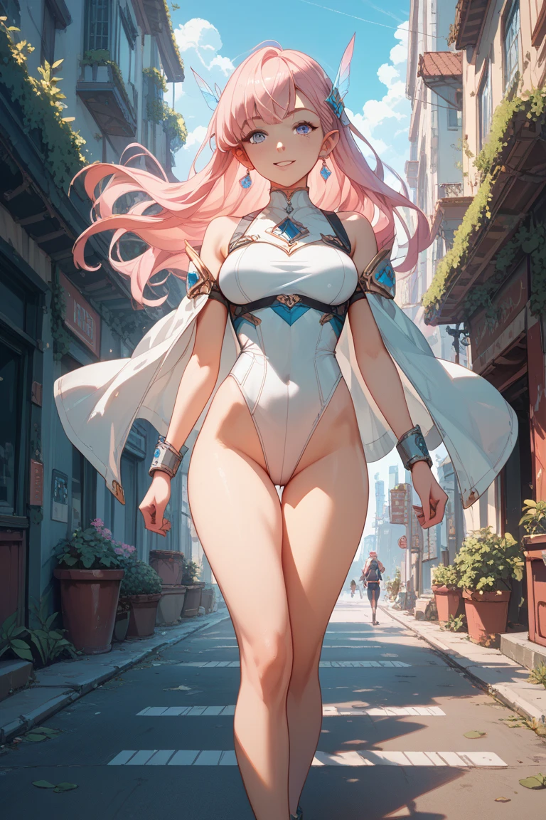 Tall skinny black figure in the fog, eyeless, faceless, long limbs, taller than buildings, big breasts, thick thighs, light pink skin, no clothes