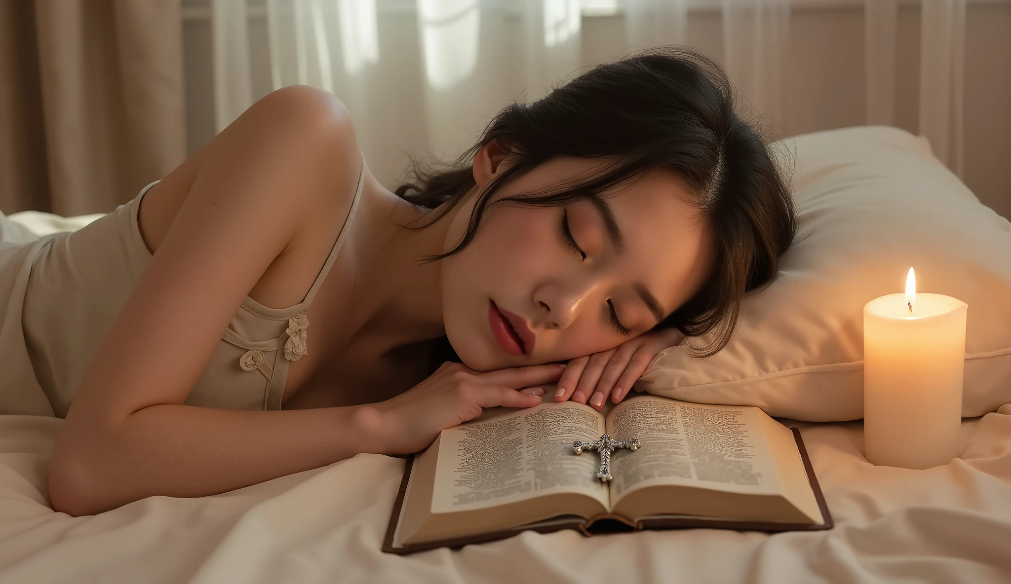A peaceful young woman sleeping on a soft bed, hands resting gently near an open Holy Bible with a silver cross necklace placed on top. She wears a modest white nightgown, and her long hair flows naturally across the pillow. A warm candlelight glows softly around her, while a divine ray of light from the window gently touches her forehead. Her expression is calm, serene, and full of trust, as if resting in God's peace. The room is quiet, spiritual, and filled with a holy, sacred atmosphere. Curtains sway gently, and soft shadows complete the tranquil mood.
--style: divine light, cinematic soft glow, peaceful, spiritual, holy atmosphere, worship mood
--composition: woman centered or slightly to the right, Holy Bible and cross clearly visible, soft lighting focus on face
--neg: messy room, neon colors, sci-fi, horror, tech elements