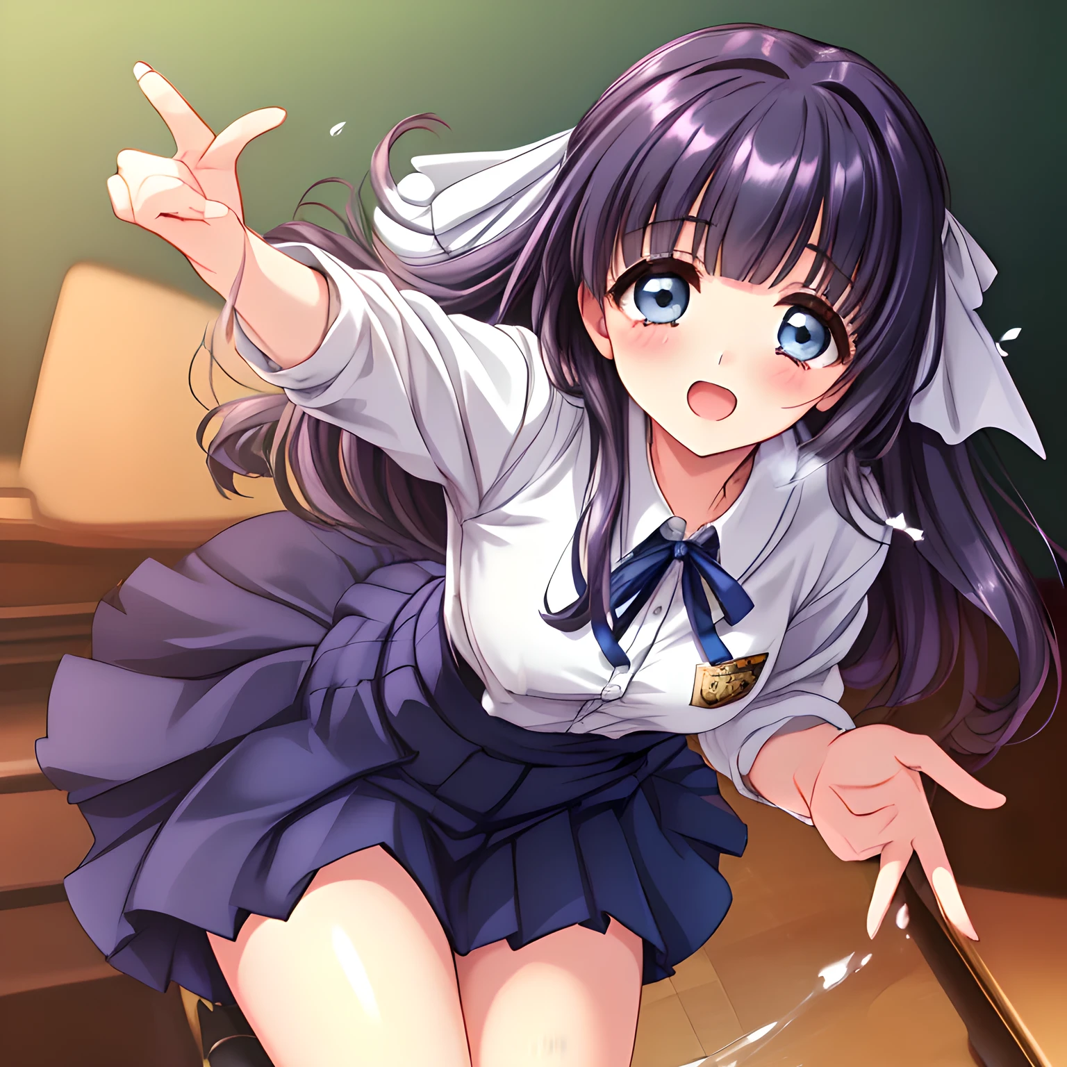 (highest quality, masterpiece:1.2), highest quality, High resolution, 1080p, 8K, (Some Too beautiful noble bewitching succubus are watching the viewer's continuous ecstasy, (intelligent and perfectly balanced slender beautiful style), (neat & clean, strong charm, cutely tilted head, fluttering: 1.5), (Too noble beautiful heroine), ((neat innocent ears)), ((white smart face)): 1.2), (Too beautiful fascinating shiny (double-lidded) (thin (deep blue eyes)), ((deep upper girly eyelid)), laughing with detailed clearly: 1.5), ((amazingly beautiful ((long bobbed)) neat black wavy bewitching hair : 1.5)), (slender, small grown intelligent face: 1.5), (dark blue school blazer, evil golden emblem, pleats skirt, school neck bow-tie: 1.5), (classic school's entrance background: 1.2), (too beautiful noble rich neat and clean atmosphere: 2.0), (They are showing their back like leading me: 2), (noble laughter, LOL, laughing at me: 1.8), (The lady knows well about the viewer's super fetishism for school uniforms, and satisfies it completely in the viewer's lewd dream: 1.7), (The viewer cannot stop following after the girls: 1.5), (Everything is organized to have strong effect of hypnosis for the viewer to fall into happiest allusion connected with many beautiful girls: 1.5), (The viewer must feel falling down to the vortex leading to the world of too many succubi continuously and the viewer must be transferred to the world of only many beautiful girls right now when he sees the eyes of girls in this picture: 2), (many too beautiful teachers ridicule, to increase lot of extra-ordinary ecstasy!!!: 2)