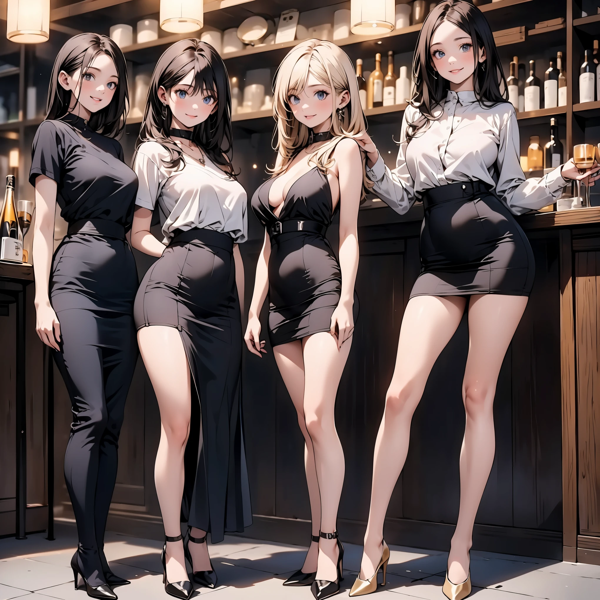 5girls, fengguan, large breasts, smirk, parted lips, hands on own hip, see-through, open clothes, shops, display window, street, utility pole, sky, cloud