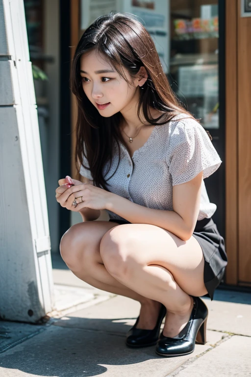 Highly detailed 8K wallpapers)、Sharp focus、In detail、Drama、Delicate and beautiful 、17 years old、Sheer white shirt、Pretty short skirt:1.8、Light Brown Hair、hair ornaments、sexy、Laughter、Looking into the viewer、Beautiful graphics、Bright school building、Full of students、Beautiful legs、squat、Showing panties:1.8
