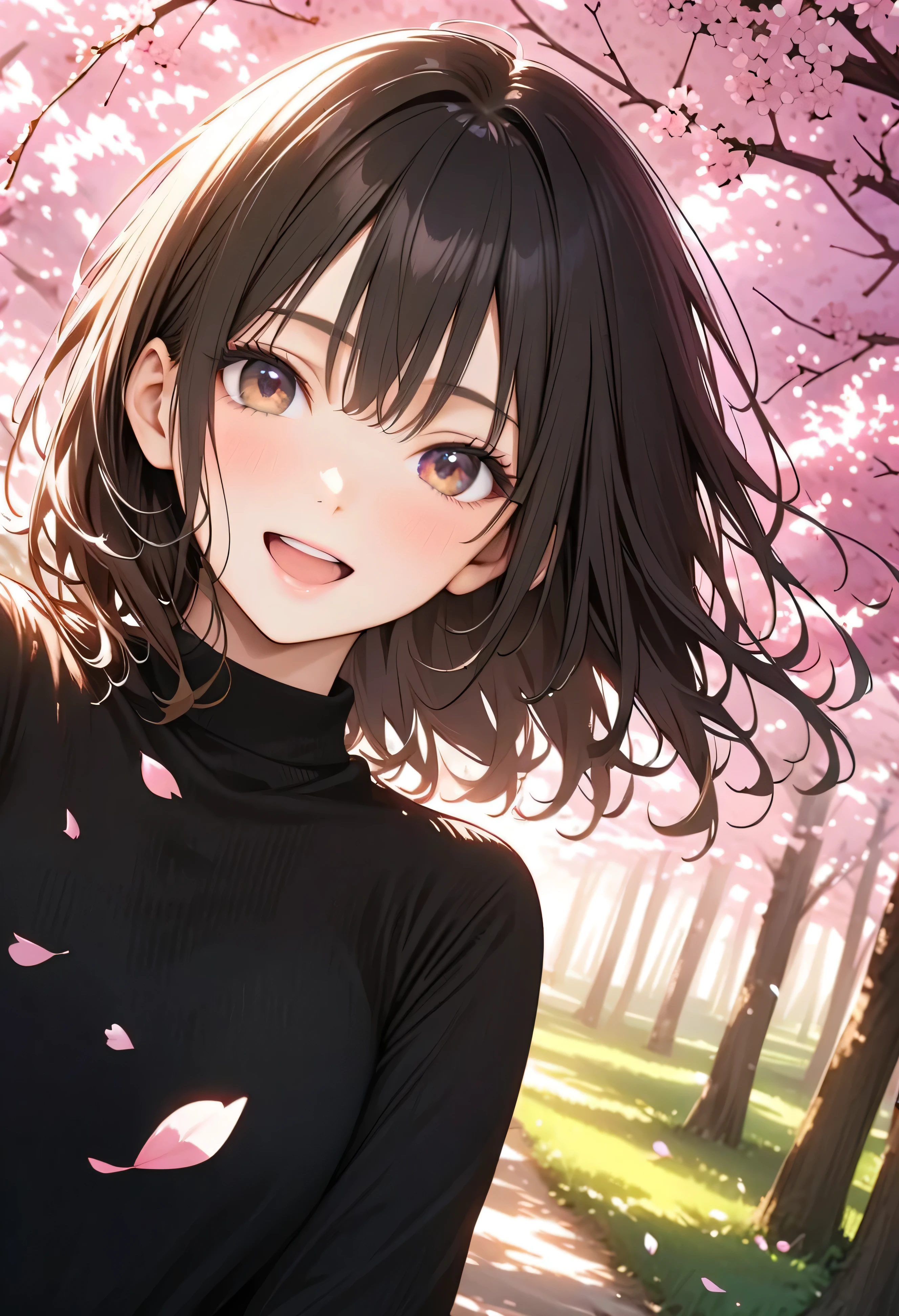 (top quality:1.2, 非常にdetailsな, Latest, lively, top quality, Best Aesthetics), 8K Ultra HD, 非常にdetailsな, perfect details, details, Bold composition, bright, Cherry Blossom Forest, cherry blossoms in full bloom, sunlight filtering through the trees, Cherry blossom petals dance , Cherry blossoms falling like snow, (perfect human structure), Beautiful and very delicate in texture, delicate and dynamic, one lovely woman, 非常にdetailsな目と顔, Dark Eyes, smooth skin texture, shiny skin, kind expression, dynamic angle, smile, excited, black hair, young, realistic
