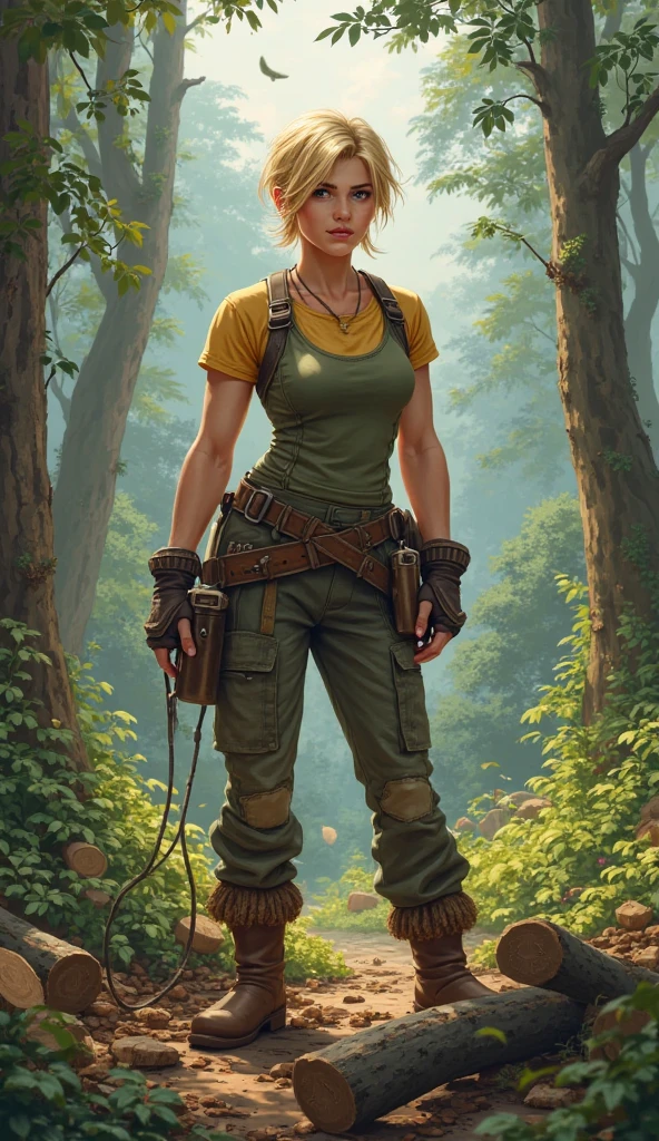  blond，woodcutter，robust，Woods background，woman，short hair，biceps，Work clothes，Good figure，Handsome