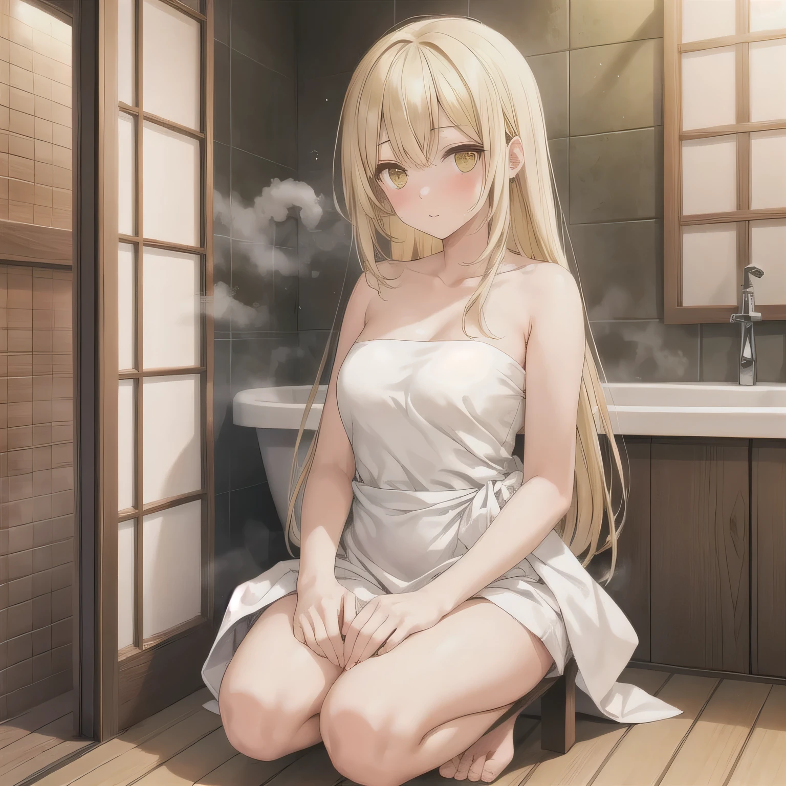 A beautiful woman in a A narrow, compact Japanese bathroom, with tiled walls, a small bathtub, and a wooden stool beside it. Steam fills the room., sitting in seiza style , politely waiting to greet someone.The character is wrapped in a towel around the body. Long hair, blonde hair, golden eyes.