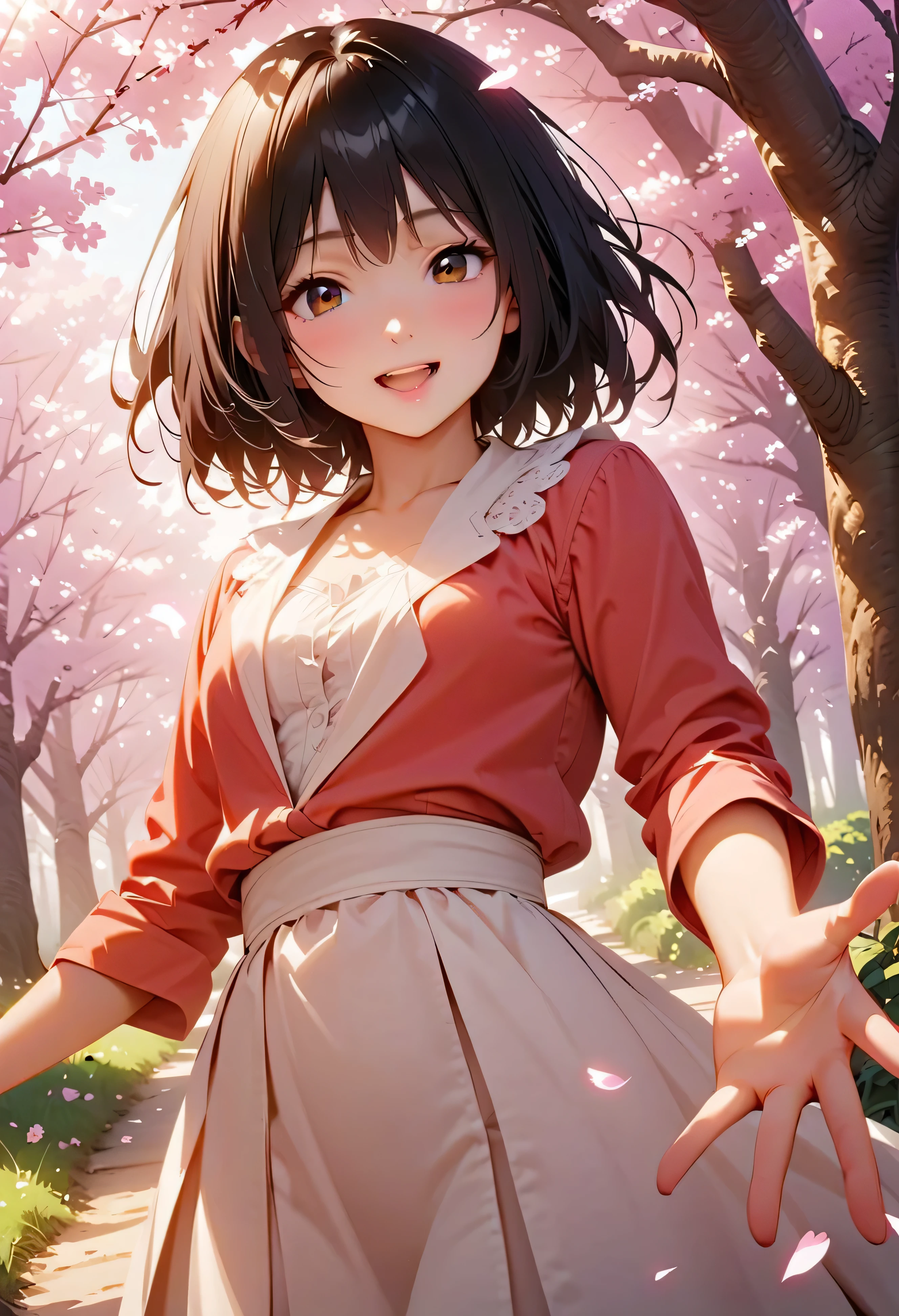 (top quality:1.2, 非常にdetailsな, Latest, lively, top quality, Best Aesthetics), 8K Ultra HD, 非常にdetailsな, perfect details, details, Bold composition, bright, Cherry Blossom Forest, cherry blossoms in full bloom, sunlight filtering through the trees, Cherry blossom petals dance , Cherry blossoms falling like snow, (perfect human structure), Beautiful and very delicate in texture, delicate and dynamic, one lovely woman, 非常にdetailsな目と顔, Dark Eyes, smooth skin texture, shiny skin, kind expression, dynamic angle, smile, excited, black hair, young, short, flat chest, realistic