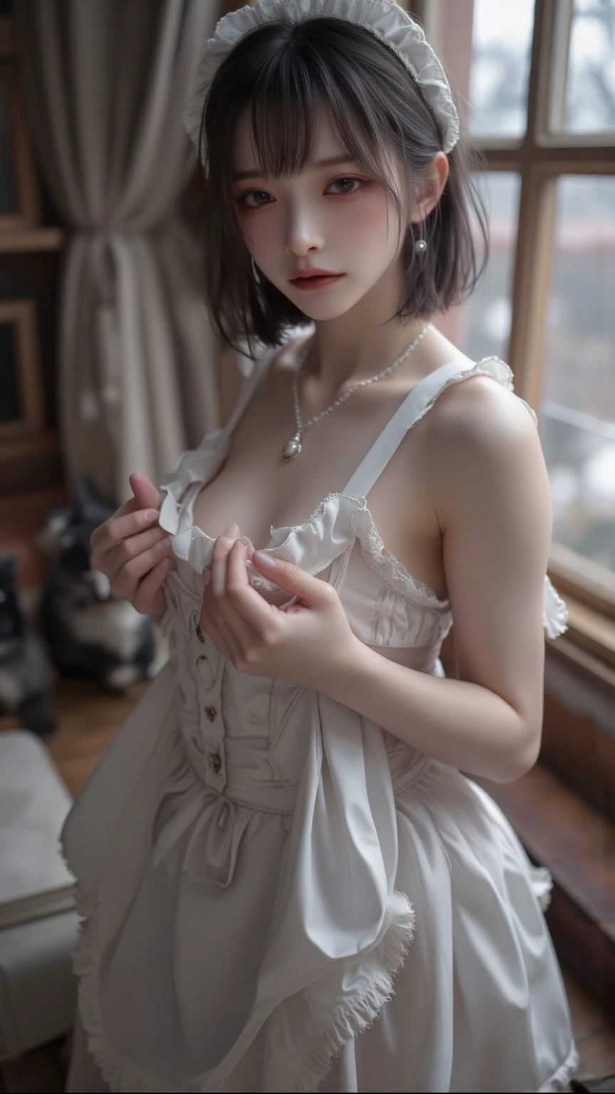 (white and pink theme:1.3), (gothic, cute, classic fashion:1.2), (white classic-bonnet on head:1.4), (white long-sleeves ballgown:1.4), ((lace up on waist cincher:1.2), ((pink ribbon, ruffles):1.3), (pink and white Argyle pattern over-knee-socks:1.3), (Loafers with ribbon:1.2),((nipple)),(one girl),((highest quality)), ((masterpiece)), (detailed), ((in the hospital )),(Lanky:1.7),長い髪と白いトップを持つアラフェアジア人woman, 美しい韓国人woman, 美しい若い韓国人woman, Young and adorable Korean face, ゴージャスな若い韓国人woman, Korean Girls, Girl cute beautiful face, 韓国のwomanアイドルの肖像, Young and pretty Asian face,Asian pretty face,(Narrow face),((no panties)),((highest quality)),(((nipple))),(detailed), Perfect Face,((One girl)), (scrawny:weight1.0〜2.0)iris, Elevation, space, (Natural Light), (tear bag:1.2)Dramatic lighting, Chiaroscuro, Emotional depth,woman,((nude)),((show off nipple)),((small breasts)), ((flat chest)),naked,slender, a short bob,delicate,Small breasts,((Small breasts)),the body is slender,Beauty,Beauty,4K quality,Young face,Big eyes,Brown eyes,Perfect Face, 21years old,breasts are very small,Model Body Type,Cute Face,Pink nipples,Symmetrical eyes,Glowing eyes,Natural smile,((Always show your boobs)), ((flat chest)), ((Gaunt)),beautiful,((a short bob)), ((half body)), topless,modelshoot style,((intricate choker necklace)), (embarrassed,blush:1.3),(steam:0.8),(wet:0.8),(sweat:0.8),(trembling:1.3),(parted lips:1.4),(feeling weak:1.5), (lips),(intricate earrings),((nipple)),((woman posing for a photo))
