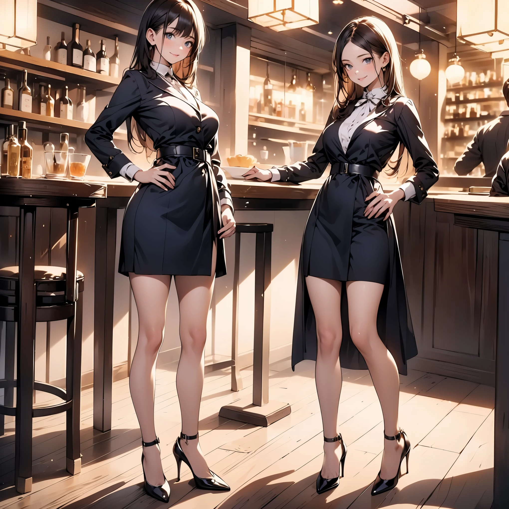(masterpiece:1.3),(best quality, highest quality),((Full Body Shot,Including face)),girls,4K,masterpiece,((Focus on the face)),((Symmetrical facial features)),Beautiful woman,(slender),((High heels)),Detailed depiction of the face, Cafe ,bar,Maid clothes,skirt,Age 25,(smirk),