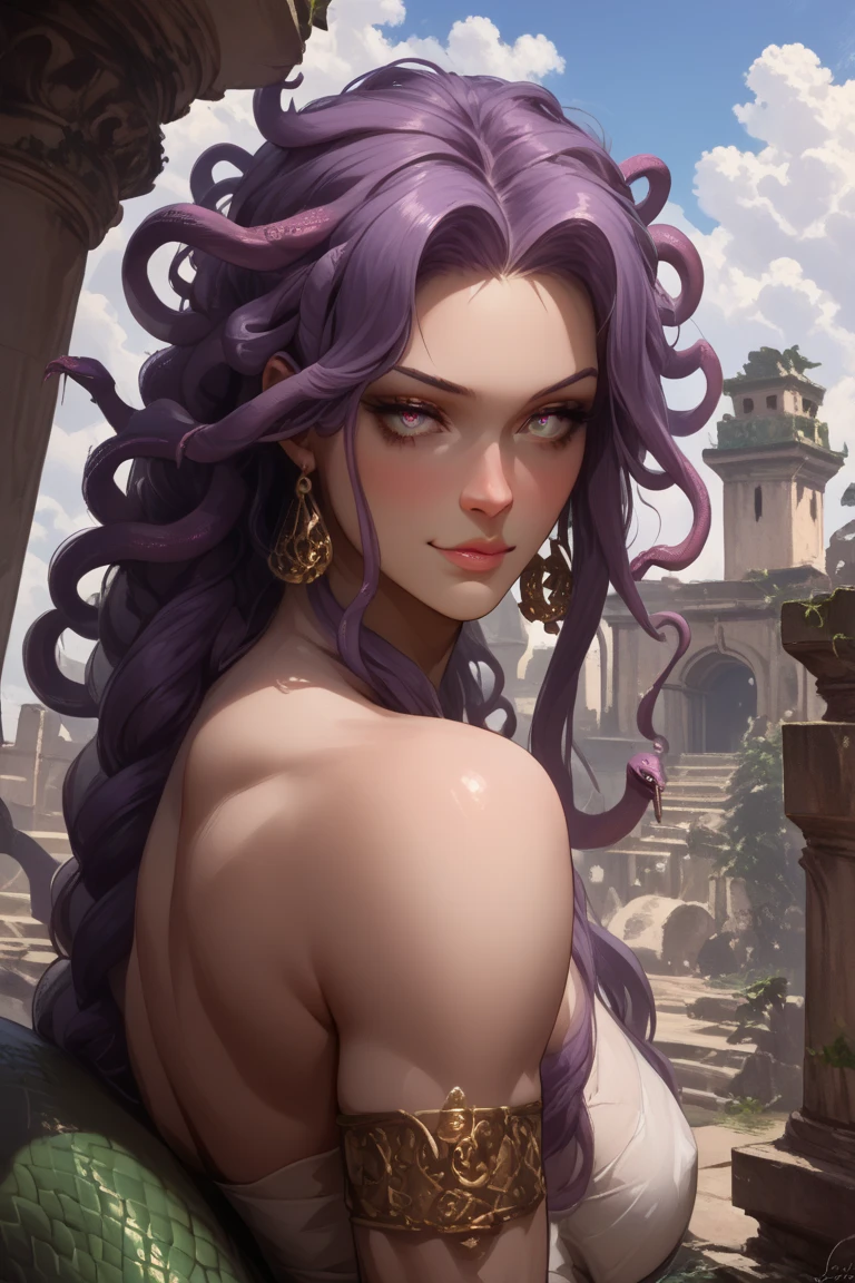 Realistic, (Masterpiece, Top Quality, Best Quality, Official Art, Beautiful and Aesthetic: 1.2), Very Detailed, a Gorgon Medusa with a menacing gaze, her hair writhing with serpents, her eyes glowing with a sinister light.