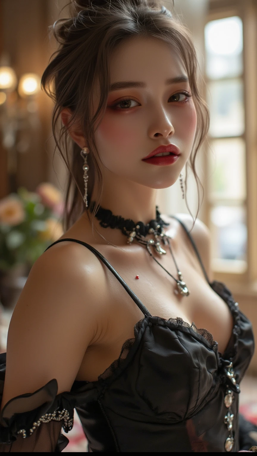 close up, (neon, night view, Dutch angle, from above, strapless: 1.3), masterpiece, best quality, raw photo, photorealistic, off shoulder, black lace dress, black choker, yellow eyes, reddish, updo, upper body, neckline, facelight, shiny skin, film grain, chromatic aberration, absurdres, highres, ultra detailed, finely detailed, detailed eyes and face, sharp pupils,  realistic pupils, sharp focus, dark hair, in a room, lights off, happy expression, smiling
