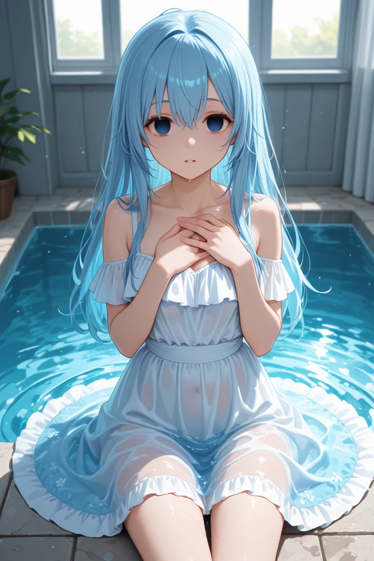 masterpiece, best quality, extremely detailed, (illustration, official art:1.1), 1 girl ,(((( light blue long hair)))), light blue hair, ,10 years old,, long hair ((blush)) , cute face, big eyes, masterpiece, best quality,(((((a very delicate and beautiful girl))))),Amazing,beautiful detailed eyes,blunt bangs((((little delicate girl)))),tareme(true beautiful:1.2),
masterpiece, best quality, extremely detailed, anime, solo, detailed face, from front, looking down, blush, shy,(pink steam),
Furry White sweater、terrified face、inside in room,Soft light,Slipped bath towel,White skin of the,
Bathroom、
She has very long wavy Light blue hair. Light blue eyes. She has earrings, long eyelashes. She has full lips, slim waist, breast view