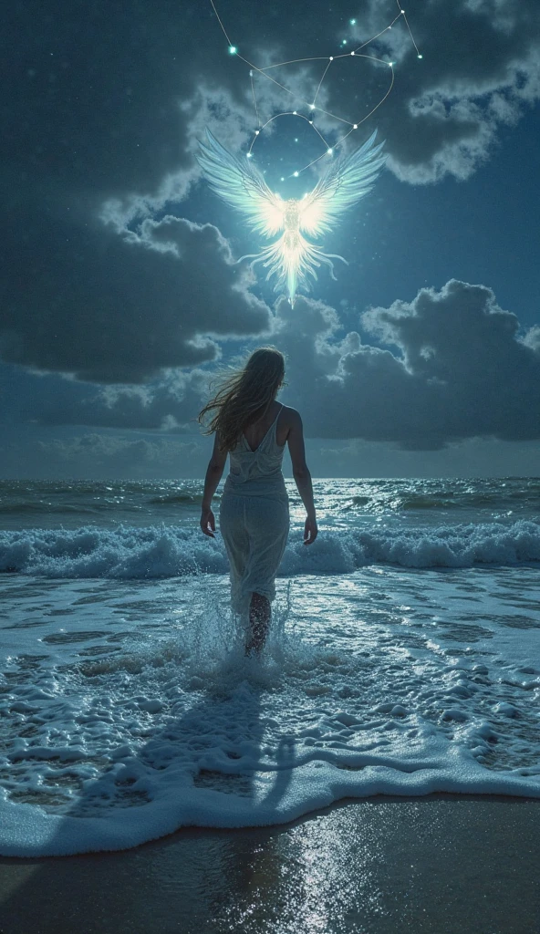 Panoramic photos of a woman with brown hair from behind walking on the beach facing the sea with her feet in the water for her baptism in the dark with a starry sky
