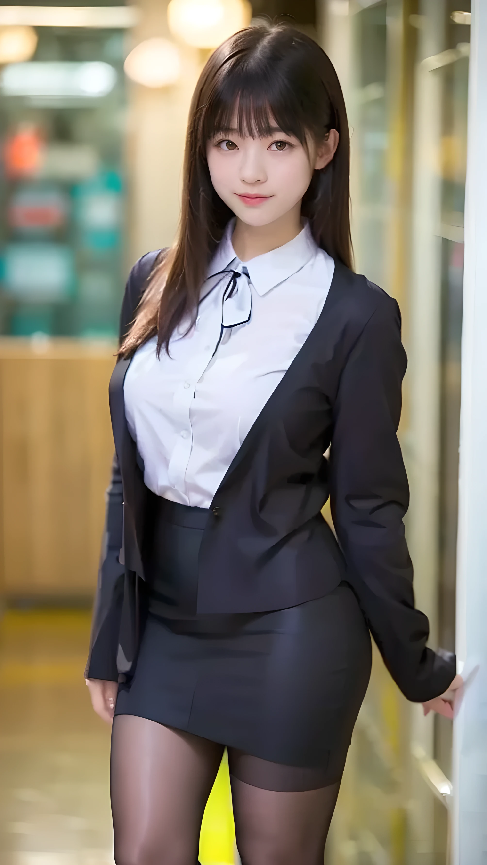 girl walking through the airport, (surreal,high resolution, very well detailed:1.2), (8k), (Beautiful Eyes, detailed face:1.2), (best quality), (very well detailed), (( masterpiece)),best quality,very well detailed, beautiful woman in a business suit , jacket, mini pencil skirt、(super realistic pantyhose, is brown and close to skin color), ((full body shot)) 、 black medium bob, Beautiful Eyes, cute face, Bust, Big Boss, ELEGANT AND BEAUTIFUL FEATURES , Charming smile , age 25, mature, Realistic Painting Art , 1 woman, full body image, (From head to toe:1.5), (full body:1.8),(頭から Bustへの画像スコープ),