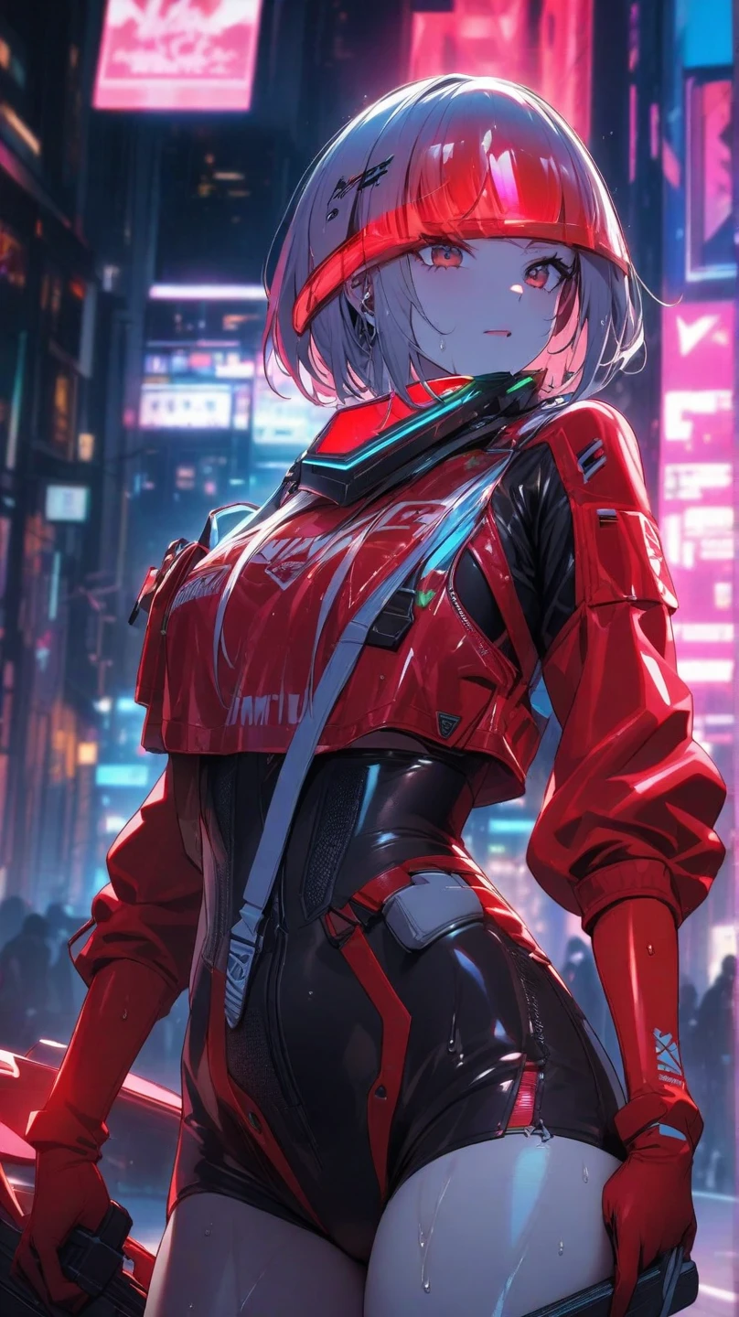 masterpiece,best quality,absurdres,ZentreyaCyborgBase,yellow eyes,short hair,mechanical horns,red bodysuit,black jacket,upper body,smile,<lora:CHAR-ZentreyaCyborg:1>,full body,perfect lighting,city,cyberpunk city,neon lights,