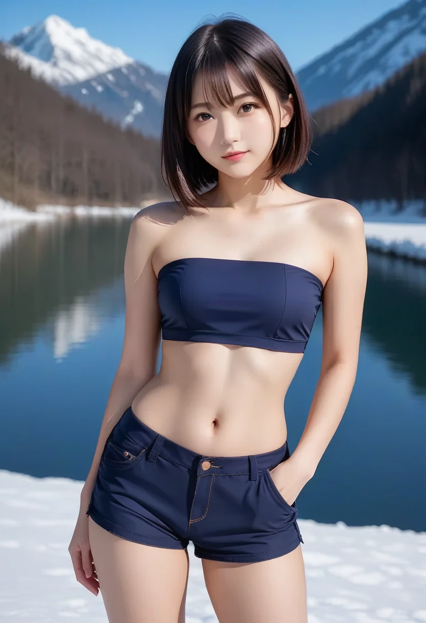 (A hyper-realistic), (illustratio), (hight resolution), (8K), (ighly detailed), (The best illustrations), (beatiful detailed eyes), (top-quality), (ultra-detailliert), (masterpiece), (wall-paper), (detailed face), droopy eyes,full of sweat, whole body, full body, long legs, Armpit,short-hair,inner colored,solo,Girl in blue bikini, japanes, Colossal tits、A smile, snow mountain