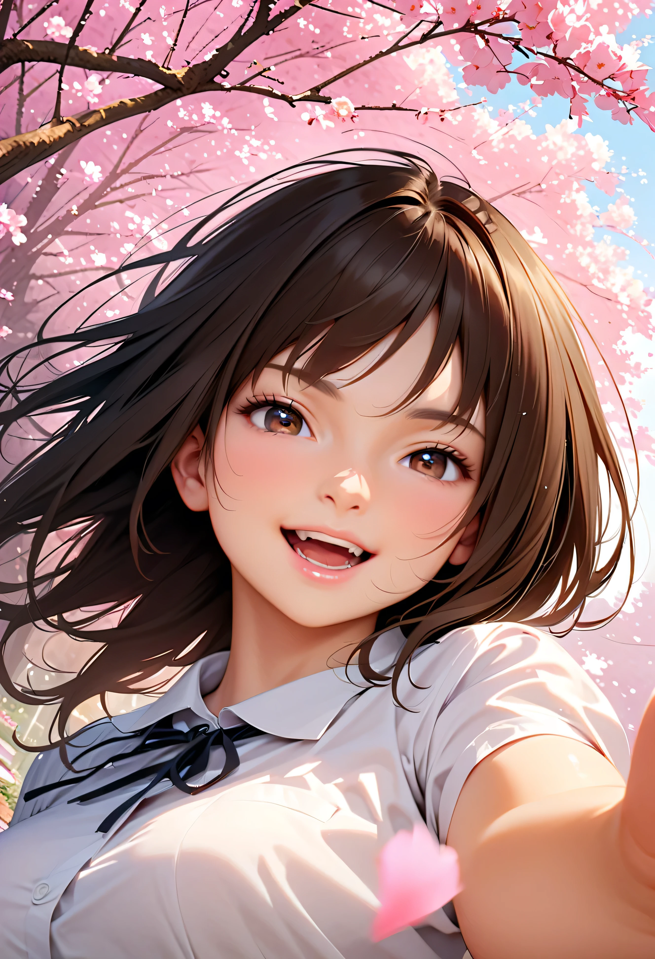 (top quality:1.2, 非常にdetailsな, Latest, lively, top quality, Best Aesthetics), 8K Ultra HD, 非常にdetailsな, perfect details, details, Bold composition, bright, Cherry Blossom Forest, cherry blossoms in full bloom, sunlight filtering through the trees, Cherry blossom petals dance , Cherry blossoms falling like snow, (perfect human structure), Beautiful and very delicate in texture, delicate and dynamic, one lovely woman, 非常にdetailsな目と顔, Dark Eyes, smooth skin texture, shiny skin, kind expression, dynamic angle, smile, excited, black hair, young, short, realistic