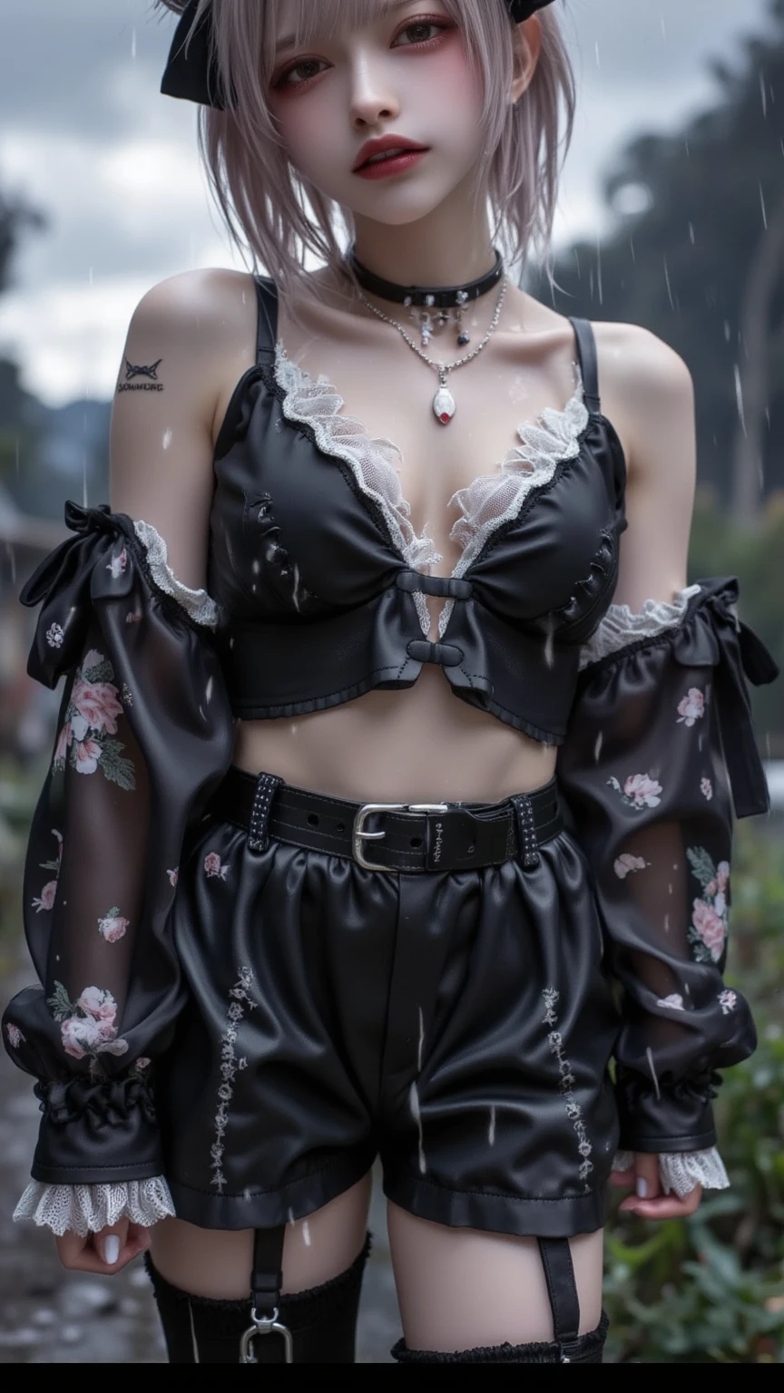 short-hair、Gothic Lolita in Japan、hotpants、Perforated Lace Knee Socks、head phone、Hold the sword、Red mesh with white hair、Black boots、Floral hair ornament