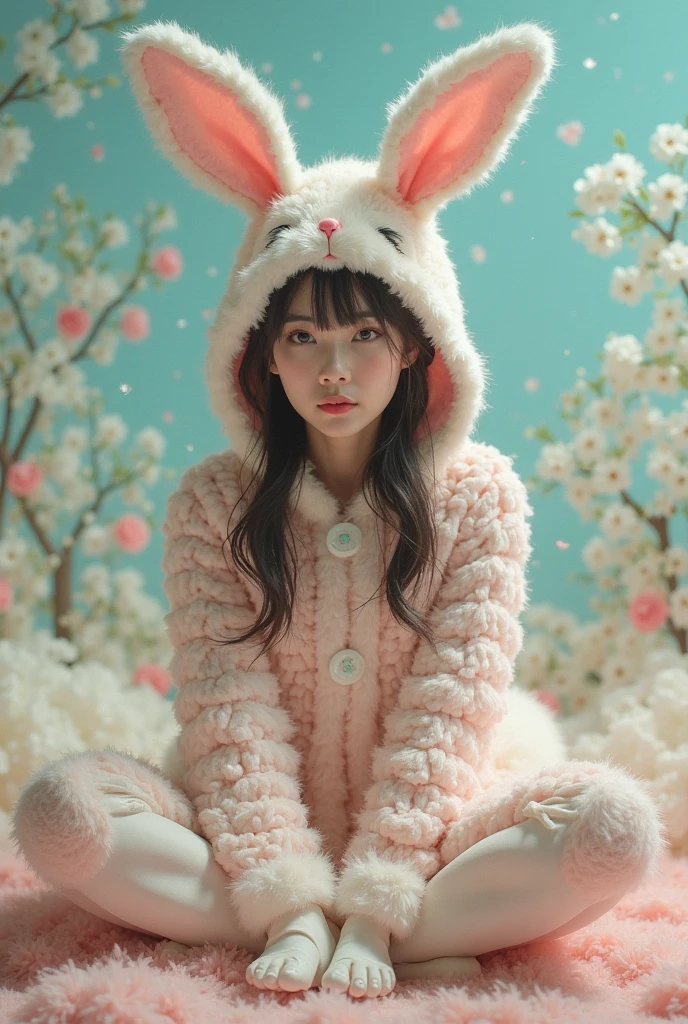 strawberry pink cute girl whole body Wearing a rabbit hat, Long sleeve white dress, And heeled shoes. Her black bangs peeked out from under her hat、Each eye has three eyelashes。. Shine; Sparkling strawberryの花
