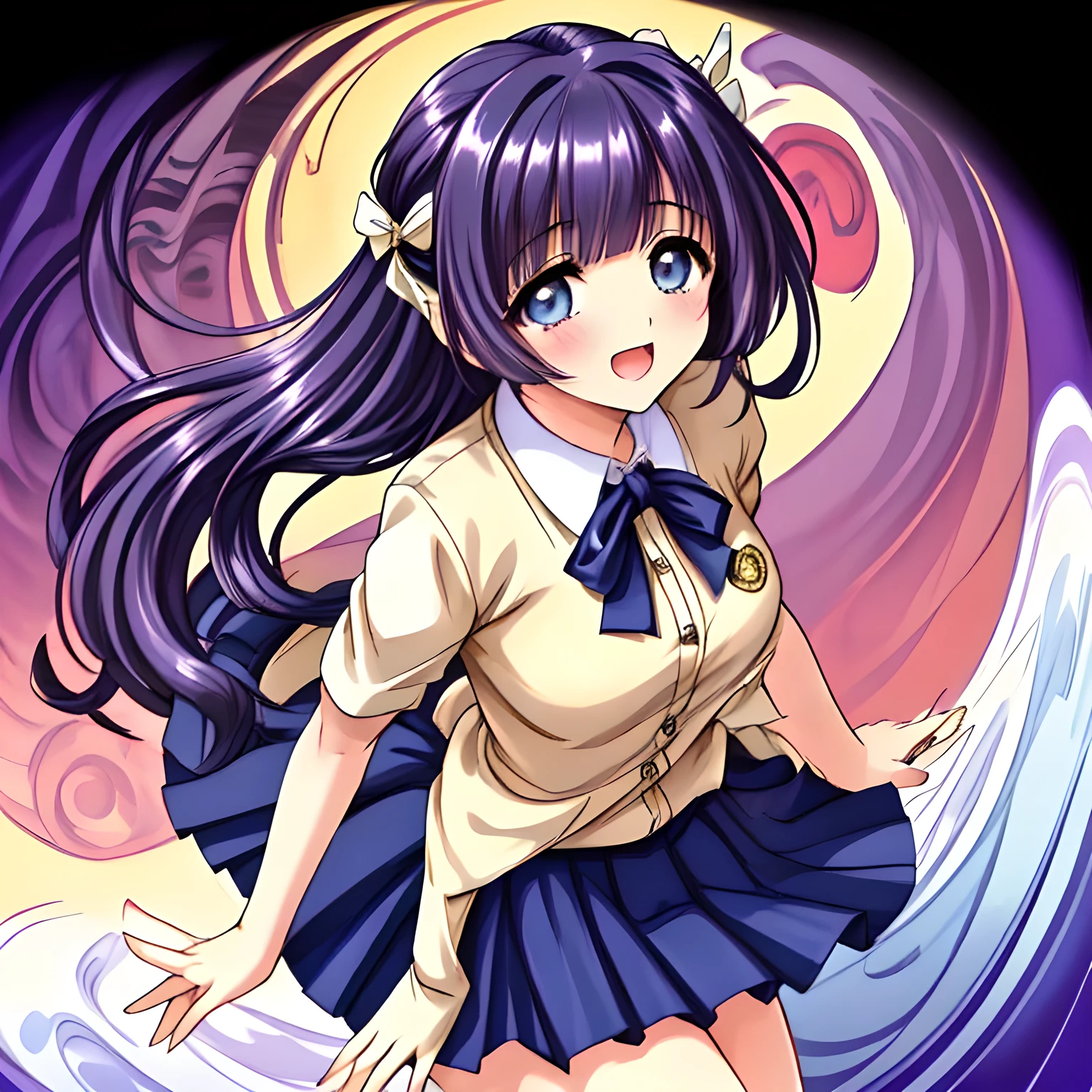 (highest quality, masterpiece:1.2), highest quality, High resolution, 1080p, 8K, (Some Too beautiful noble bewitching succubus are accepting (viewer's continuous ecstasy), (intelligent and perfectly balanced slender beautiful style), (neat & clean, strong charm, cutely tilted head, fluttering: 1.5), (Too noble beautiful heroine), ((neat innocent ears)), ((white smart face)): 1.2), (Too beautiful fascinating shiny (double-lidded) (thin (deep blue eyes)), ((deep upper girly eyelid)), laughing with detailed clearly: 1.5), ((amazingly beautiful ((long bobbed)) neat black wavy bewitching hair : 1.5)), (slender, small grown intelligent face: 1.5), (dark blue school blazer, evil golden emblem, pleats skirt, school neck bow-tie: 1.5), (classic school's entrance background: 1.2), (too beautiful noble rich neat and clean atmosphere: 2.0), (They are showing their back like leading me: 2), (noble laughter, LOL, laughing at me: 1.8), (The lady knows well about the viewer's super fetishism for school uniforms, and satisfies it completely in the viewer's lewd dream: 1.7), (The viewer cannot stop following after the girls: 1.5), (Everything is organized to have strong effect of hypnosis for the viewer to fall into happiest allusion connected with many beautiful girls: 1.5), (The viewer must feel falling down to the vortex leading to the world of too many succubi continuously and the viewer must be transferred to the world of only many beautiful girls right now when he sees the eyes of girls in this picture: 2), (many too beautiful teachers improves viewer's extra-ordinary ecstasy!!!: 2)
