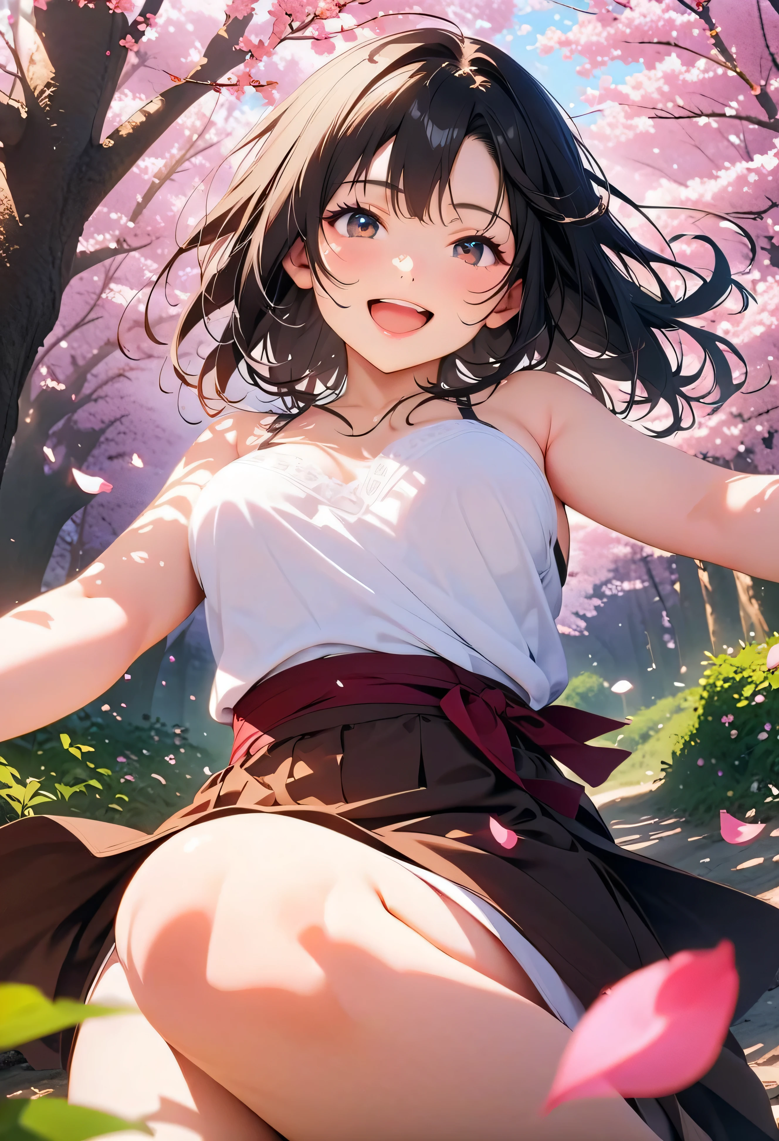 (top quality:1.2, 非常にdetailsな, Latest, lively, top quality, Best Aesthetics), 8K Ultra HD, 非常にdetailsな, perfect details, details, Bold composition, bright, Cherry Blossom Forest, cherry blossoms in full bloom, sunlight filtering through the trees, Cherry blossom petals dance , Cherry blossoms falling like snow, (perfect human structure), Beautiful and very delicate in texture, delicate and dynamic, one lovely woman, 非常にdetailsな目と顔, Dark Eyes, smooth skin texture, shiny skin, kind expression, dynamic angle, smile, excited, black hair, young, realistic
