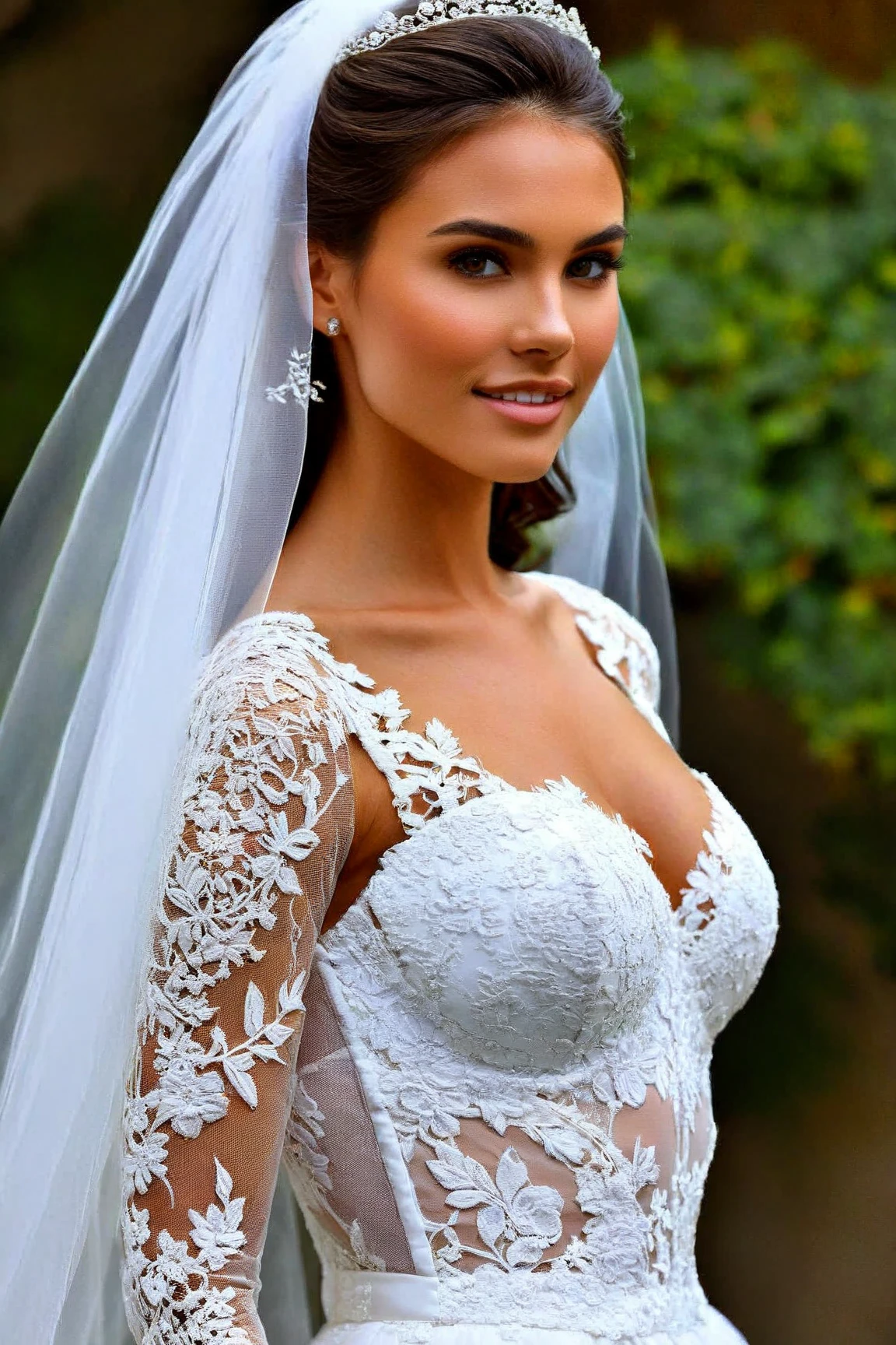 Realistic full body photo of a smiling brunette woman with hair up, She dances in front of the camera in a long A-line wedding dress with straps made of shiny satin., Park,glamour fotoshooting, Wedding celebration, perfect anatomy, perfect brown eyes. Perfect hands with 5 fingers on each hand, Matching girl, looking at the camera, 1 Frau. (Eye make up:1.1), (highly detailed skin:1.1), spirit, analog style, keen focus, 8K UHD, dslr, good quality, Fujifilm XT3, Grain, Award-winning, masterpiece. Wedding celebration