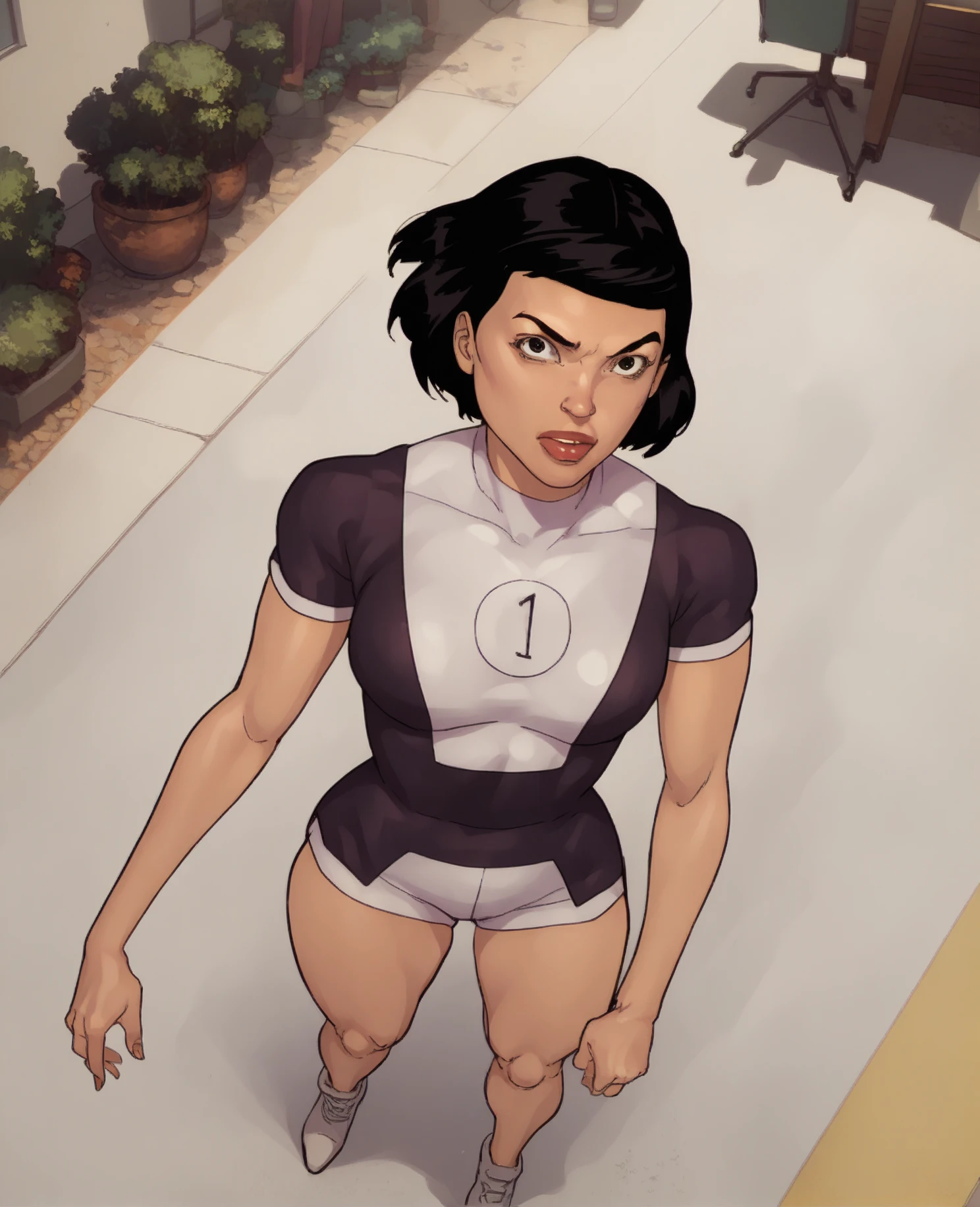 ace, 1girl, black hair, solo, white leotard, latex leotard, short hair, hairclip, black lipstick, long sleeves, cowboy shot, bob cut,club \\(shape\\) , ((, thong leotard, , leotard aside, having sex, vaginal penetration, cowgirl position)),score_9, score_8_up, score_7_up, score_6_up, score_5_up, score_4_up on bed,, closed eyes, moaning, open mouth, pussy juice, (((blushing, sweating heavily))), seen from below, dutch angle
