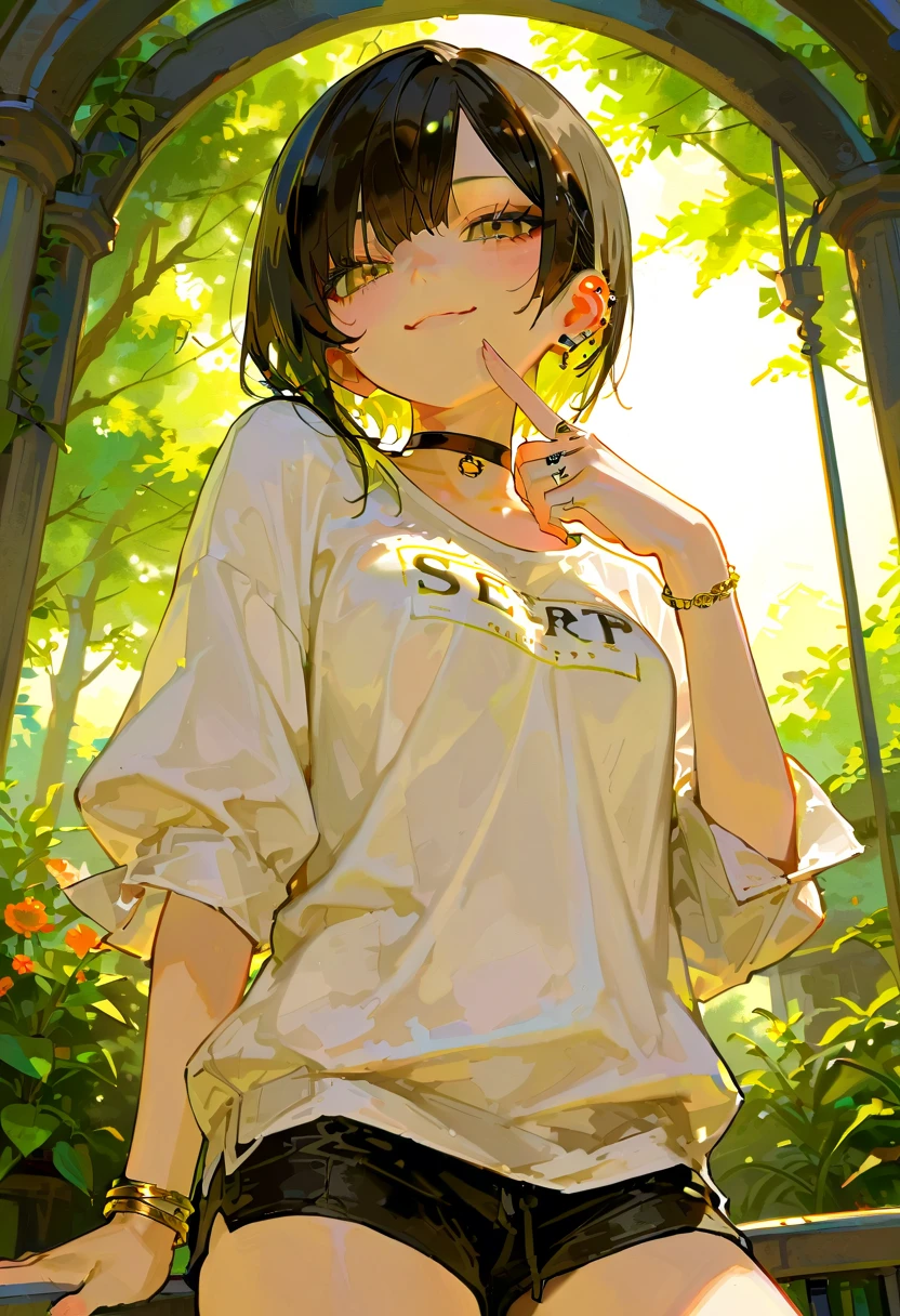 Grassland,smile,close your eyes,Small child 1, 1,short hair,Black Hair,blush,White T-shirt,Olive green shorts,Brown Sandals,White skin,From below,shy,Wet,Please open your mouth wide,Cowboy Shot,squat,Facing forward,Cat ear,Cat&#39;s Tail,