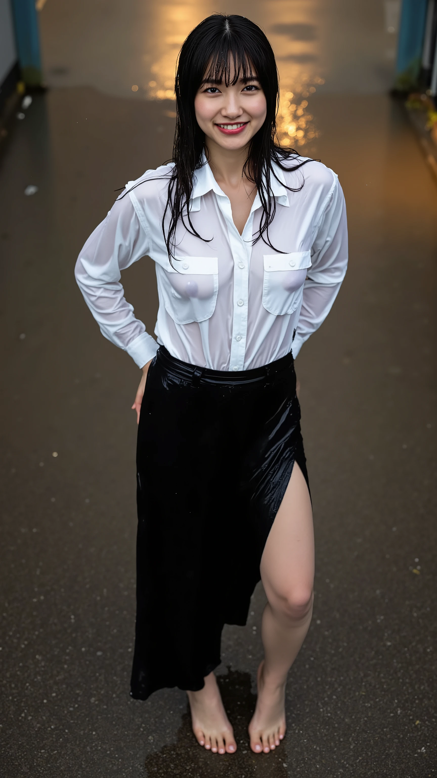 High resolution photograph of a young Japanese woman, masterpiece, amazing quality, intricate details, professional lighting, solo, 1girl, full body, a tall girl, (small head, small face:1.3), (slender, slim and thin body, long legs:1.2), standing tall with spread legs, seductive posing for gravure photography, (water droplets create a wet water effect, wet all over), (white buttons blouse without pocket, covered nipples), black long-skirt, ankle-strap-sandals, straight long black hair with blunt bangs, disheveled wet hair, detailed face, detailed eyes, sophisticated nose, sensual face, looking at the viewer with big smile and showing teeth, outdoors, heavy rain, illuminated by the lumps at dusk,