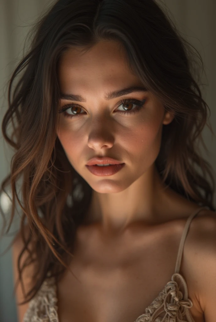 ultra-detailed photography of'une fille belle et sexy, selfie dans une chambre, porter un t-shirt noir, enjoy, Fille, SUMMER, fille chaude, (((medium bust))), dark brown hair, regarde la caméra, symmetrical face and front view, Photorealistic, Photo, Spectacular lighting, splendid, vest, (head of'artwork), best quality, high resolution, extremely detailed, skin with pores, Blurred background, depth of field, Cinematic lighting