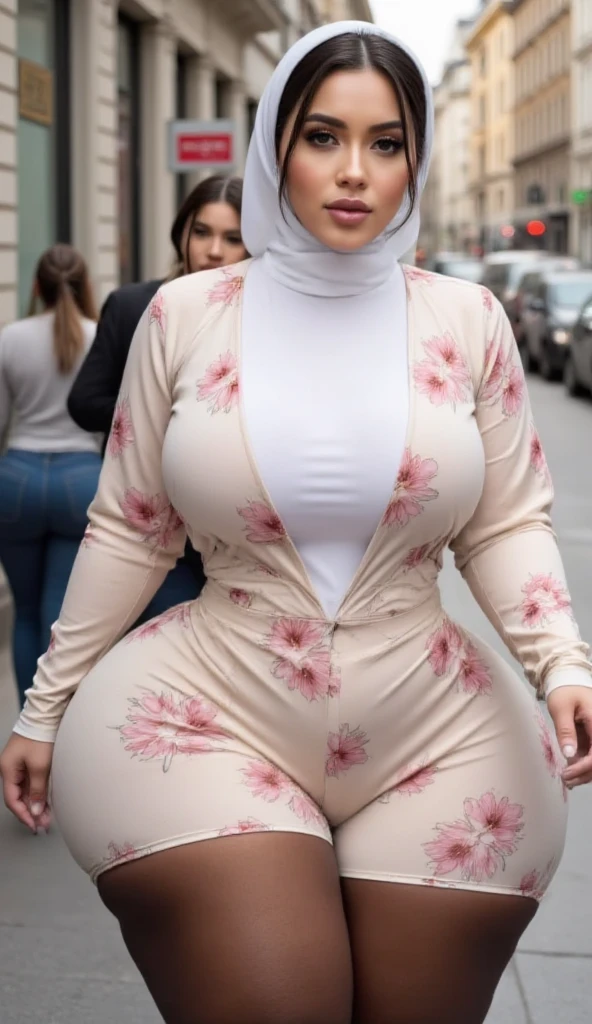 ((best quality)), ((masterpiece)), ((realistic)), ((full body)), 16-year-old girl, girl wear hijab, cute face, mesmerizing blue eyes, extremely detailed, white skin tone, fit body, big breast, skin with pores, potrait, wearing hijab, fat vagina, cameltoe, tight thighs, wearing turqoise floral pattern jumpsuit, wearing pink shoes, fit body, side front view, walking in park, shallow depth of fields
