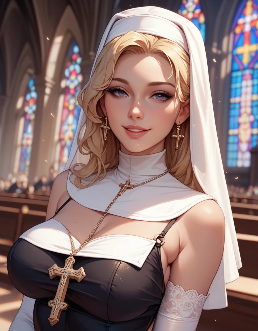 masterpiece, Highest quality, Highly detailed CG Unity 8K wallpapers,((whole body, 1 female)), ((Inside a pagan church)), (Long pointy ears), Elegant long wavy platinum blonde hair, ((Average chest size, Self-illuminating skin)), ((few々skimpy nun uniform, Ceremonial decoration)), (Sweaty, wet white skin), (blush), , (A kind smile), cute, Symmetrical face, Detailed eyes, Key Art, Awards, intricate detail realism hdr, Photorealism, Hyperrealism, Ultra-realistic, Dramatic Light, Strong Shadows, Nice views, Written boundary depth