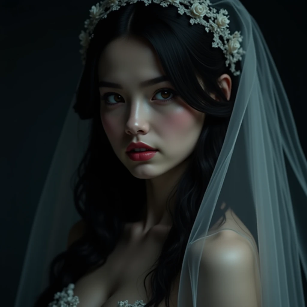 A breathtaking and visually stunning photograph of a girl in an off-shoulder outfit, illuminated by a cold and low-key light in a dark setting. The image captures the essence of sensuality as the girl exudes a sexy look with disheveled hair. She is adorned with a delicate veil and a necklace, adding an air of elegance to the composition. The photograph is of the highest quality, a masterpiece in its own right. The resolution is ultra-high, allowing for intricate details and realism. The final image has a photorealistic touch with a slight artistic flair, emphasizing the girl's beauty and allure.