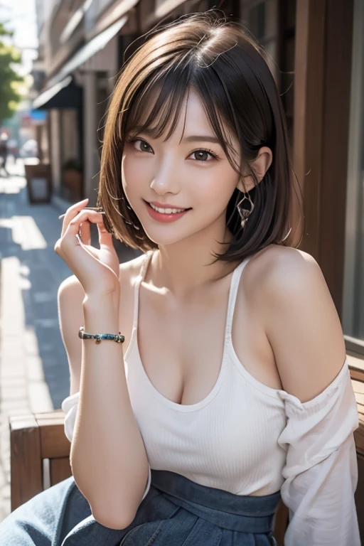 Relaxing at a cafe in town: A light checked shirt and black skinny jeans、White sneakers pose: Outside the cafe, with my elbows on the table、Gazing into the distance (details): White skin, ((Dark brown short tiered hair)), V cut with layers and bangs, Brown eyes, Soft atmosphere, (Highest quality, Ultra-high resolution, 8k, RAW Photos, Ultra-high resolution: 1.2, masterpiece: 1.3), (Realistic, Realistic: 1.37), Very detailed, Professional Lighting, Photon Mapping, Radio City, 物理ベースレンダring, One Girl, student, Sharp focus:1.2、Beautiful woman:1.4,cute, Nice, Adorable smile, Normal chest, Cross Necklace、Earrings、ring,(Cleavage), (Dark brown short hair), (A cute toothy smile)