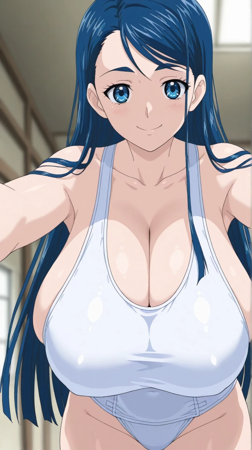 master piece, 1girl, solo, long hair, blush, large breasts, :d, looking at viewr, ((one piece SWIMMING SUIT)), red swmming suit, cleavage, blue hair, ponytail, , huge breasts, , bedroom, bike shorts, imposs , blue hair, blue eyes, , sexy pose