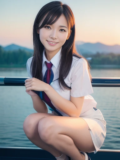 Pure Japanese school girl, outstanding body, beautiful legs, wearing uniform, natural hairstyles, sweet smile, sexual attractive, sitting, refreshing in early summer,