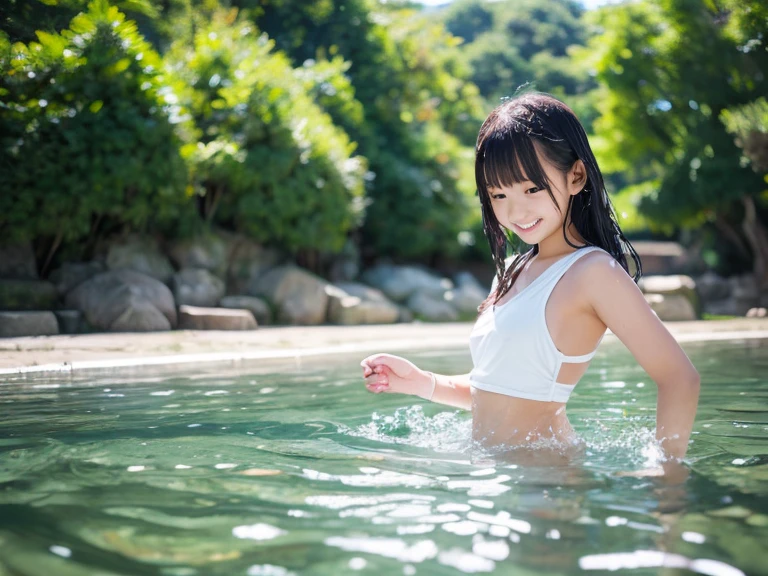 cute, 15歳のアイドルのようにcute日本人少女、Smiling Kindly、Cleavage、bikini、camp site、Playing in the water in the stream、((whole bodyずぶ濡れ))、whole body、RAW Photos、Genuine、Genuine、realism、High resolution