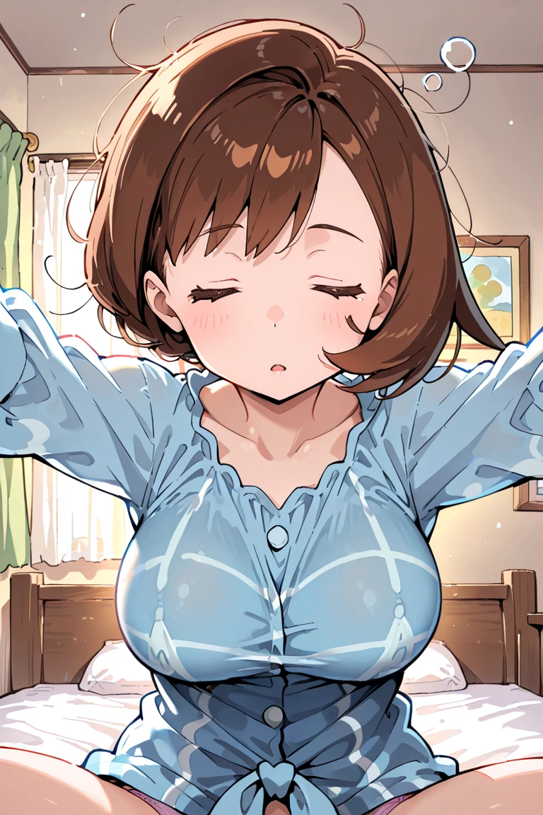 (high quality, 8k, 4K, high contrast, artwork:1.2, high quality, best aesthetics), (dynamic angle), ((1 woman)), erotic, sensual, mature body, super detailed, beautiful face detailed, beautiful eyes detailed, detailed beautiful mouth, sexy body, perfect breats, perfect wide thighs, dark brown hair, long dark brown hair straight and combed, short bangs, brown eyes, long eyelashes, calm facial expression, simple pink tiara in the hair, simple gray sweater, skirt Short black skirt, standing, erect posture, looking at viewer, centered, bedroom.