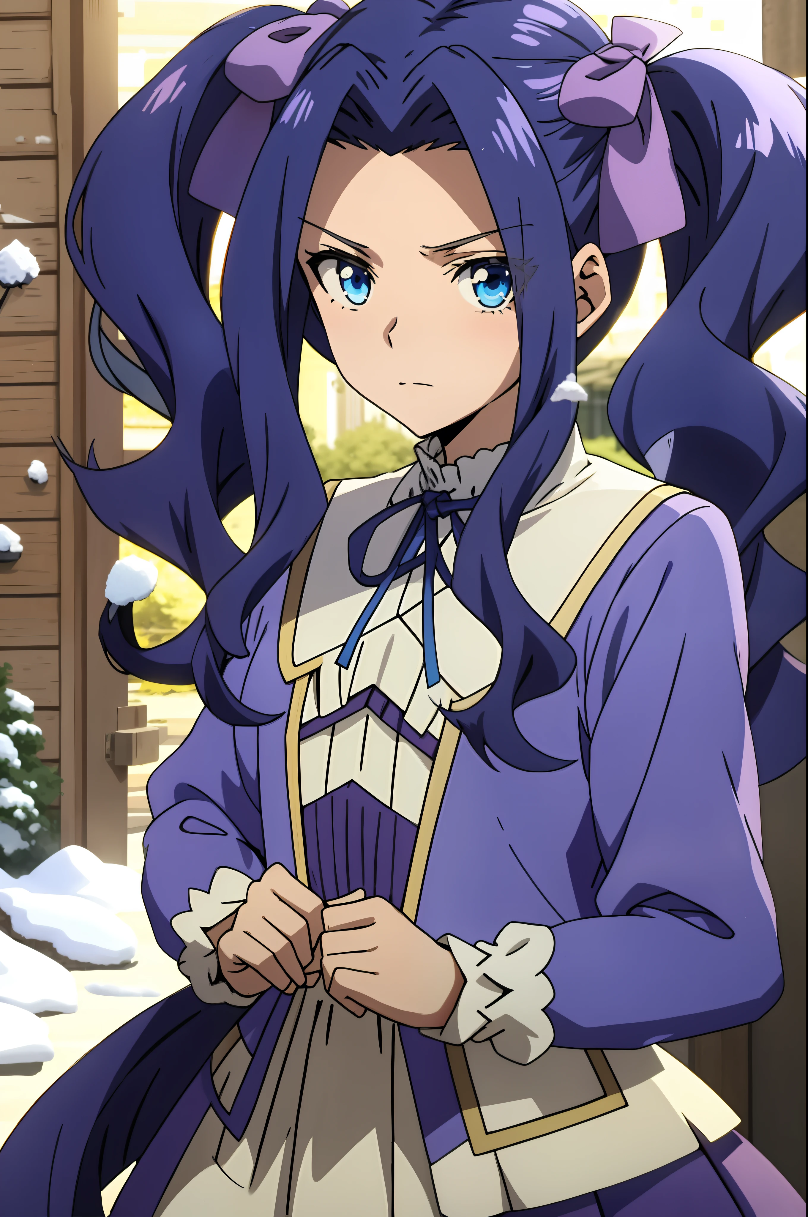 melty, anime style girl, 1girl, blue eyes, eyes visible through hair, hair intakes, bangs, purple hair, bangs, forehead, very long hair, twintails, parted bangs, hair bow, hair ribbon, dress, long sleeves, blue dress, neck ribbon, snow angel, ice, snowflake, highest quality, high resolution.