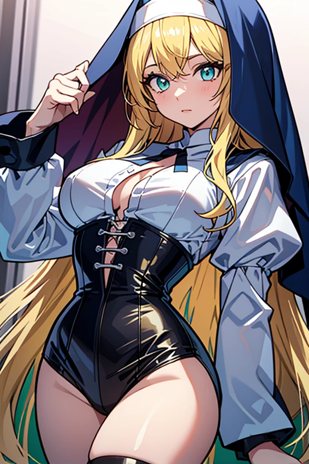 highest quality,wonderful,finely,extremely detailed CG Unity 8K wallpaper, (girl, very long hair, blonde, clothed), (nun :1.2), (huge breasts), (cleavage cutout:1.3), (crop top navel:1.3), (open mouth:1.1), (long tongue:1.1), (mouth drool:1.1), (black stockings:1.1),(Thighs:1.2),(Waistline:1.2),(black blindfold, blindfold:1.5)