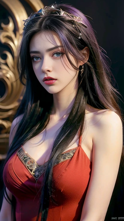 (((medium full shot))), (best quality, ultra-detailed:1.3), (nice hands, perfect hands), official art, cinematic light, (1girl:1.3), adulthot girl, absurdres, wavy hair, (head wreath, leaf clothing, leaf:1.1), secret, red scarf, looking at viewer, leaning forward, black stone, (black rock:1.3), sexy, perfect curves, red ribbon, (black background, simple background:1.2)