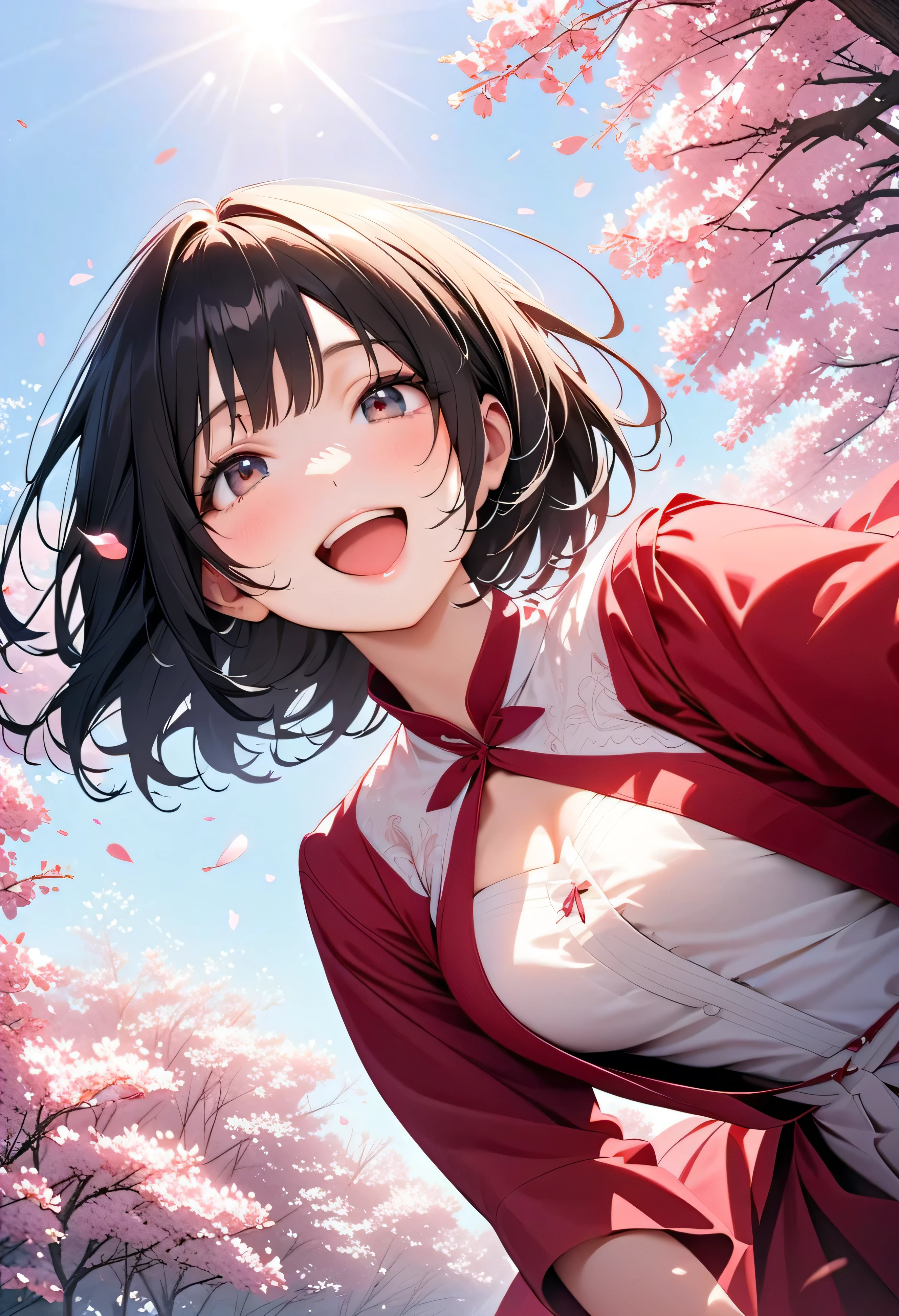 (Cute older sister:1.3)、Long eyelashes、smile,Spring atmosphere、noon、Aggressive、hot、((Strong winds))、Black Pantyhose、Shining Eyes、sneeze、pollen,Big Breasts