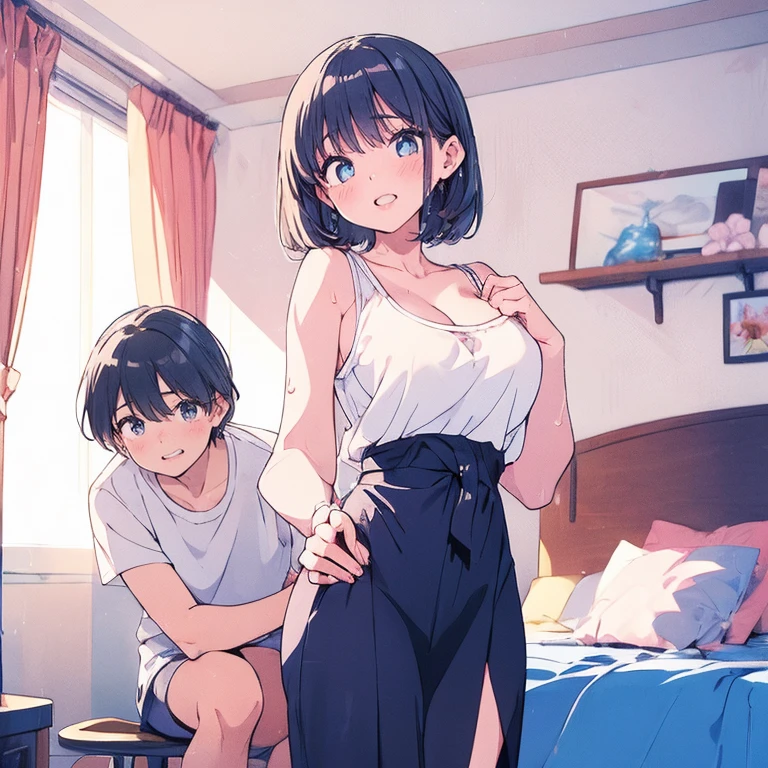 (8k、Best image quality、Highest quality、masterpiece)、Detailed face、One girl、pixie short hair、Black Hair、Bright Blue Eyes、Heart Pupil、Wicked Smile、((steam, sweat, Grin))、Small breasts、((White oversized long shirt:1.5)), Short sleeve、Bra straps、Off the shoulder, No underwear、entrance、Open the door、(A half-naked, muscular man hugs her from behind:1.5, from the front、Facing forward:1.5), indoor、entrance、 Detailed people、Detailed Background