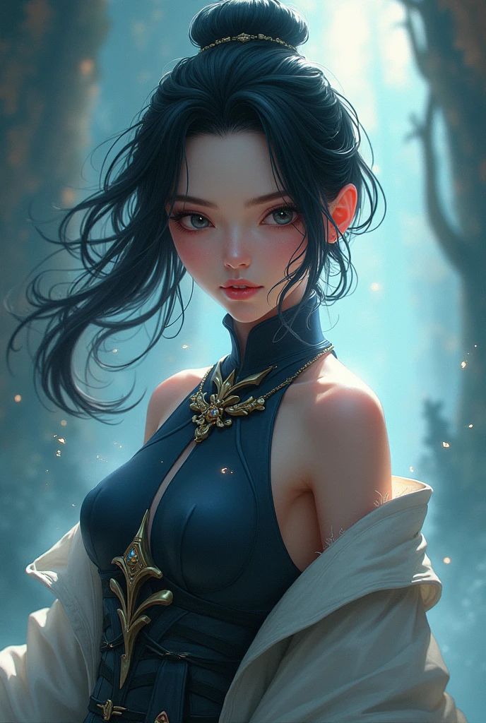 a girl with long black hair, beautiful detailed eyes, blue eyes, beautiful detailed lips, beautiful detailed face, large breasts, detailed portrait, intricate detail, photorealistic, hyperrealistic, cinematic lighting, dramatic lighting, dark moody atmosphere, fantasy art, digital painting, highly detailed, masterpiece