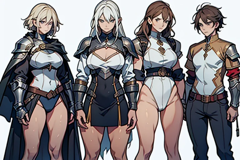 (masterpiece), Highest quality, (Fantasy:1.1), (Five Girls, Group shot:1.4), (The body is slim:1.1), (Huge boobs:1.5), (Dark Skin:1.1), (muscle:1.1), Blonde, Silver Hair, Twin tails, Braiding, amount, (Open your mouth, Smile:1.1), (Wink:1.2), peace sign, (jewelry, knight armor, Complex leotard with sleeves, Leotard armor, Bikini Armor:1.2), garter belt, Cowboy Shot,Anatomically correct,