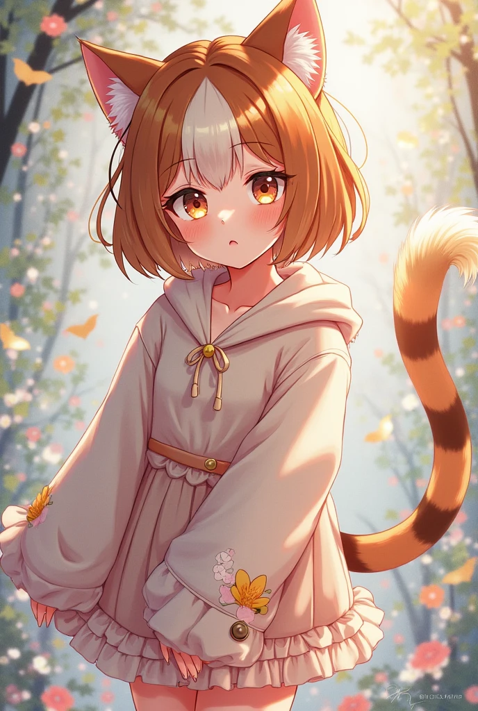 a light golden  haired  female angel with hazel  eyes is holding a black cat in the woods