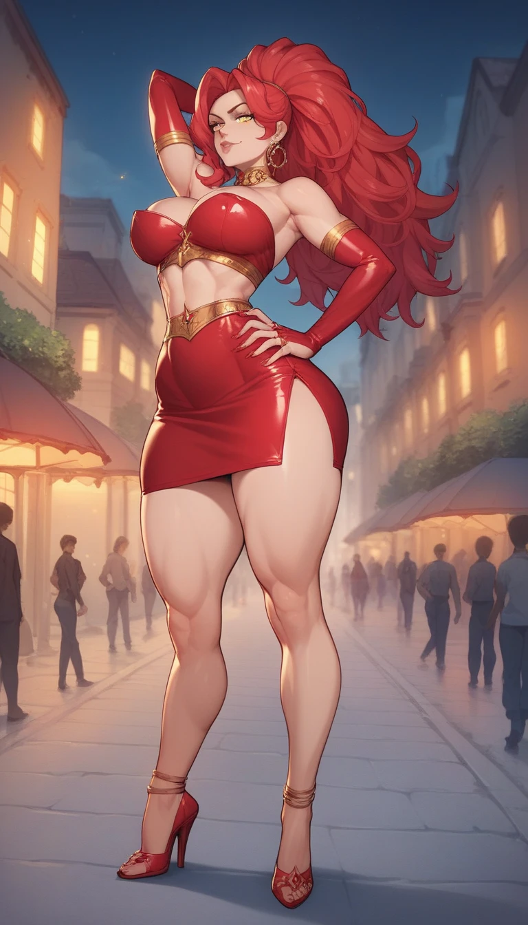 (masterpiece), best quality, expressive eyes, perfect face, (city background), (walking), (full body view), (ms bellum), (1girl, jennifer lopez face, latina, dark skin, tanned skin, red hair, freckles, long curly hair, green eyes, hourglass figure, thick body, curvy body, large breasts, huge breasts, oppai, wide hips, big butt, thick thighs, red fingernails, red suit jacket, red skirt, red heels, black waist belt, jewelry, red lips),
